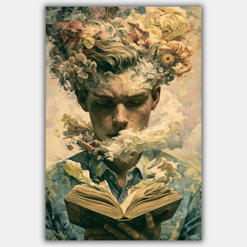 Surreales Porträt Mann mit Buch Poster – Produktansicht 1