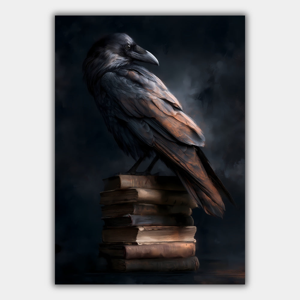 Rabe auf altem Bücherstapel Poster – Produktansicht 1