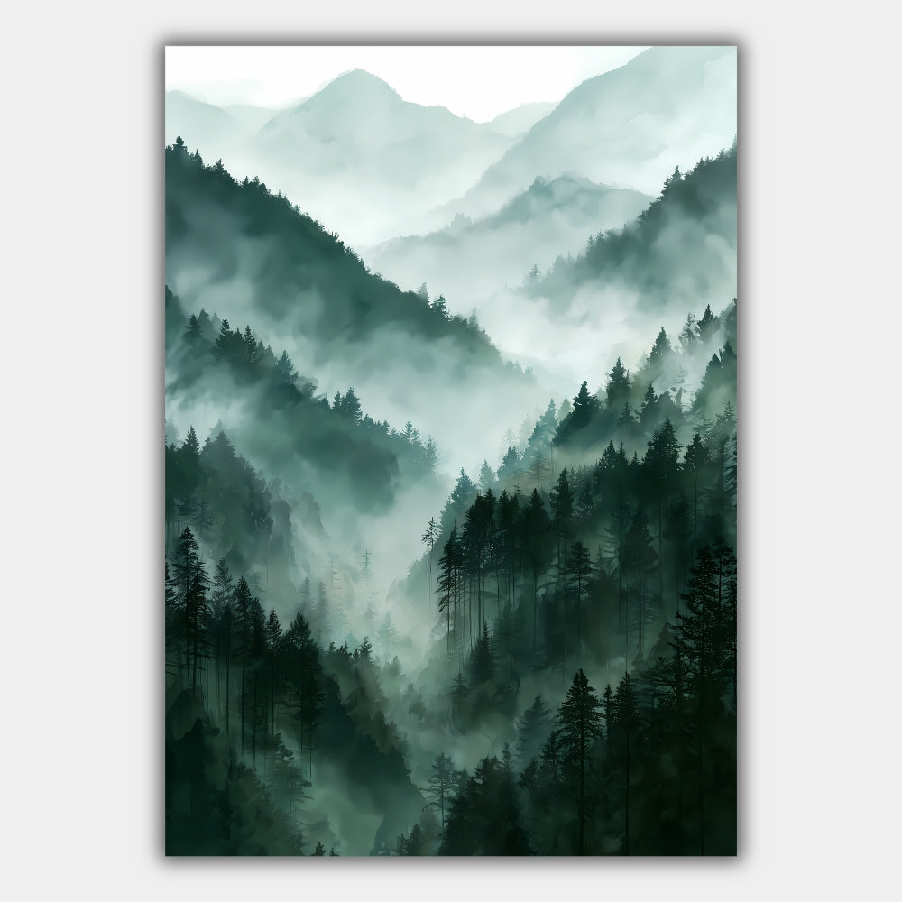 Nebelwald im Bergtal Poster, Landschaft Wandkunst