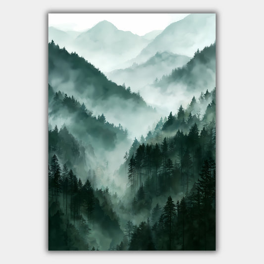 Nebelwald im Bergtal Poster, Landschaft Wandkunst