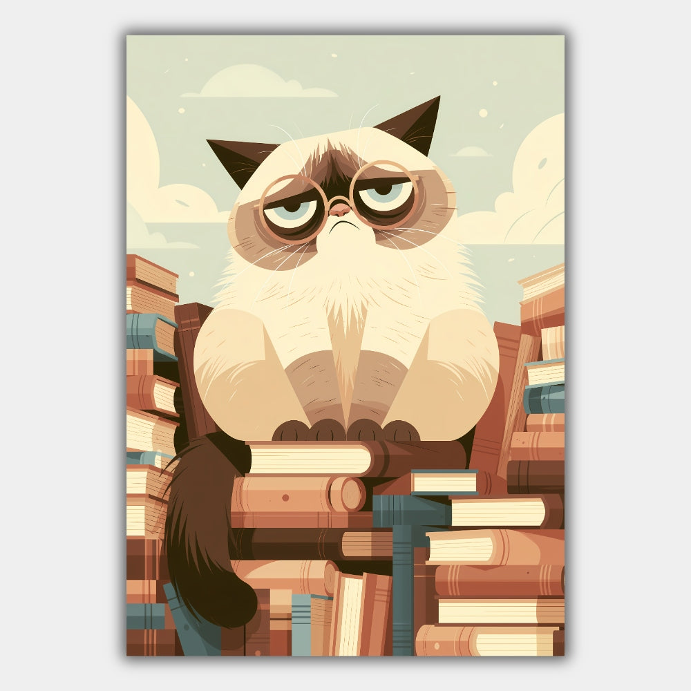 Grantige Katze auf dem Bücherstapel Poster – Produktansicht 1