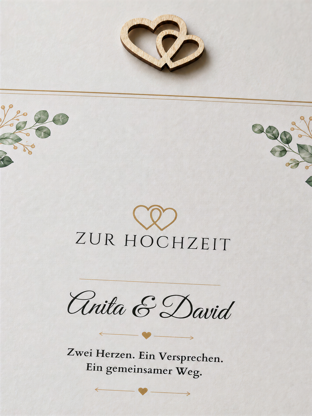 Nahaufnahme der Buchenholz-Herzen und des Titels zur Hochzeit