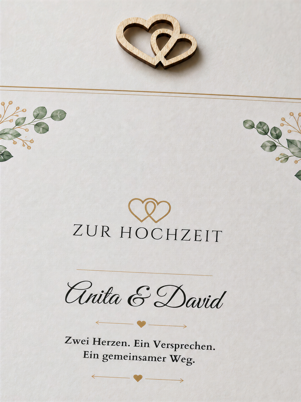 Nahaufnahme der Buchenholz-Herzen und des Titels zur Hochzeit