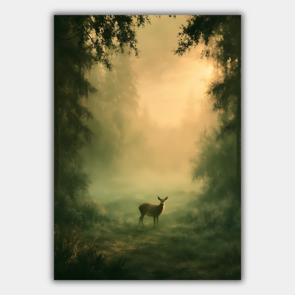 Reh Nebelwald Morgenlicht Poster – Produktansicht 1