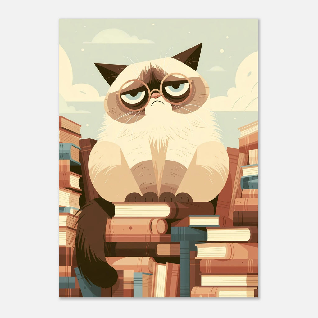 Grantige Katze auf dem Bücherstapel Poster – Produktansicht 4