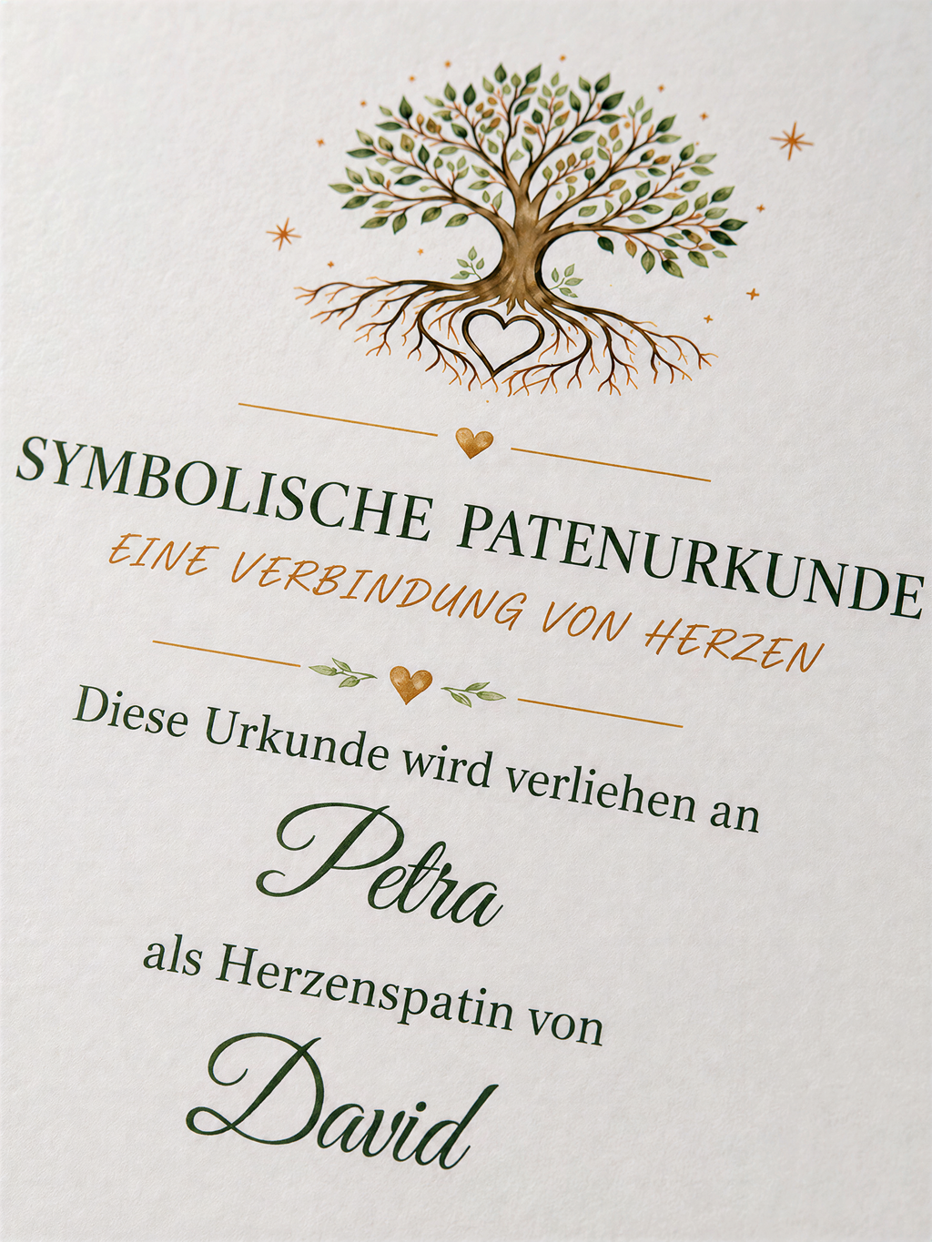 Nahaufnahme der personalisierten Patenurkunde für die Patin
