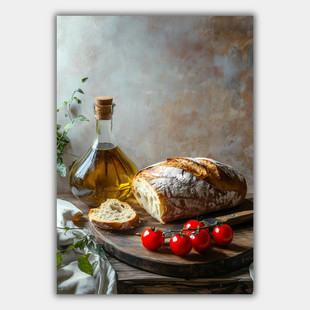 Brot Olivenöl Tomaten Stillleben Poster – Produktansicht 1