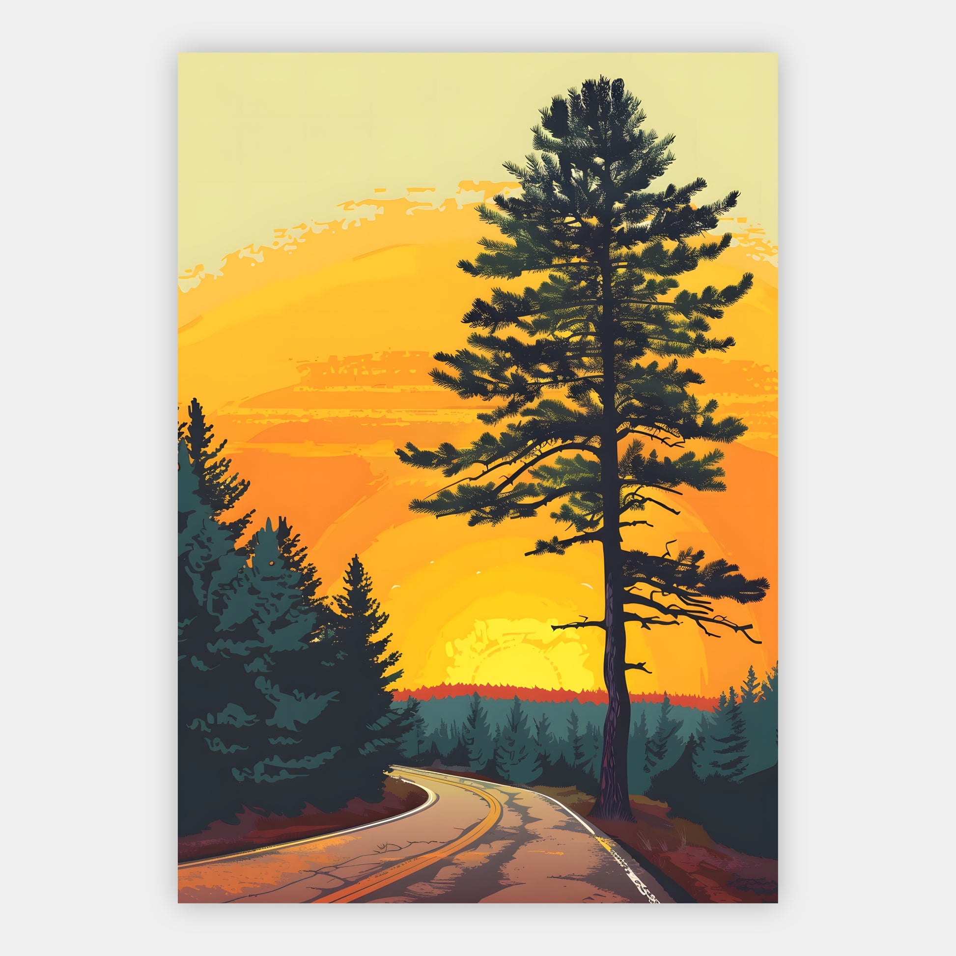 Retro-Poster mit Kiefer an einer kurvigen Bergstraße bei Sonnenuntergang in Orange und Gelb