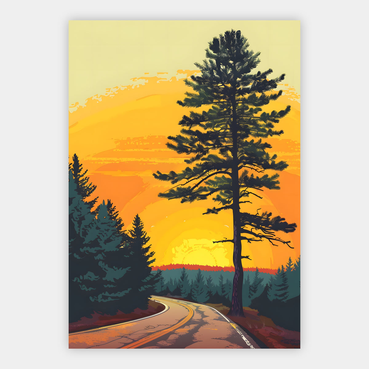 Retro-Poster mit Kiefer an einer kurvigen Bergstraße bei Sonnenuntergang in Orange und Gelb