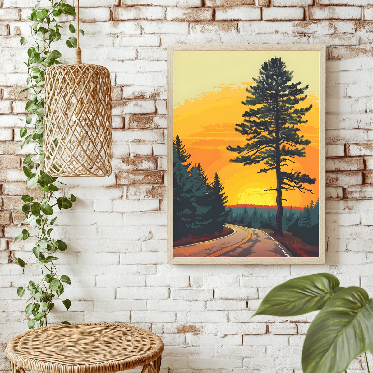 Retro-Poster mit Kiefer an einer kurvigen Bergstraße bei Sonnenuntergang in Orange und Gelb