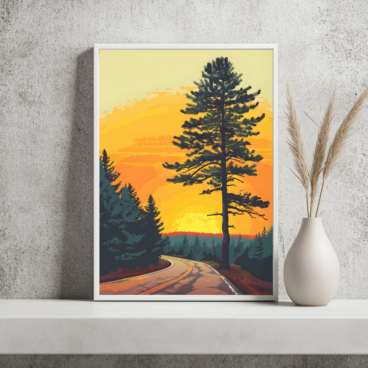 Retro-Poster mit Kiefer an einer kurvigen Bergstraße bei Sonnenuntergang in Orange und Gelb