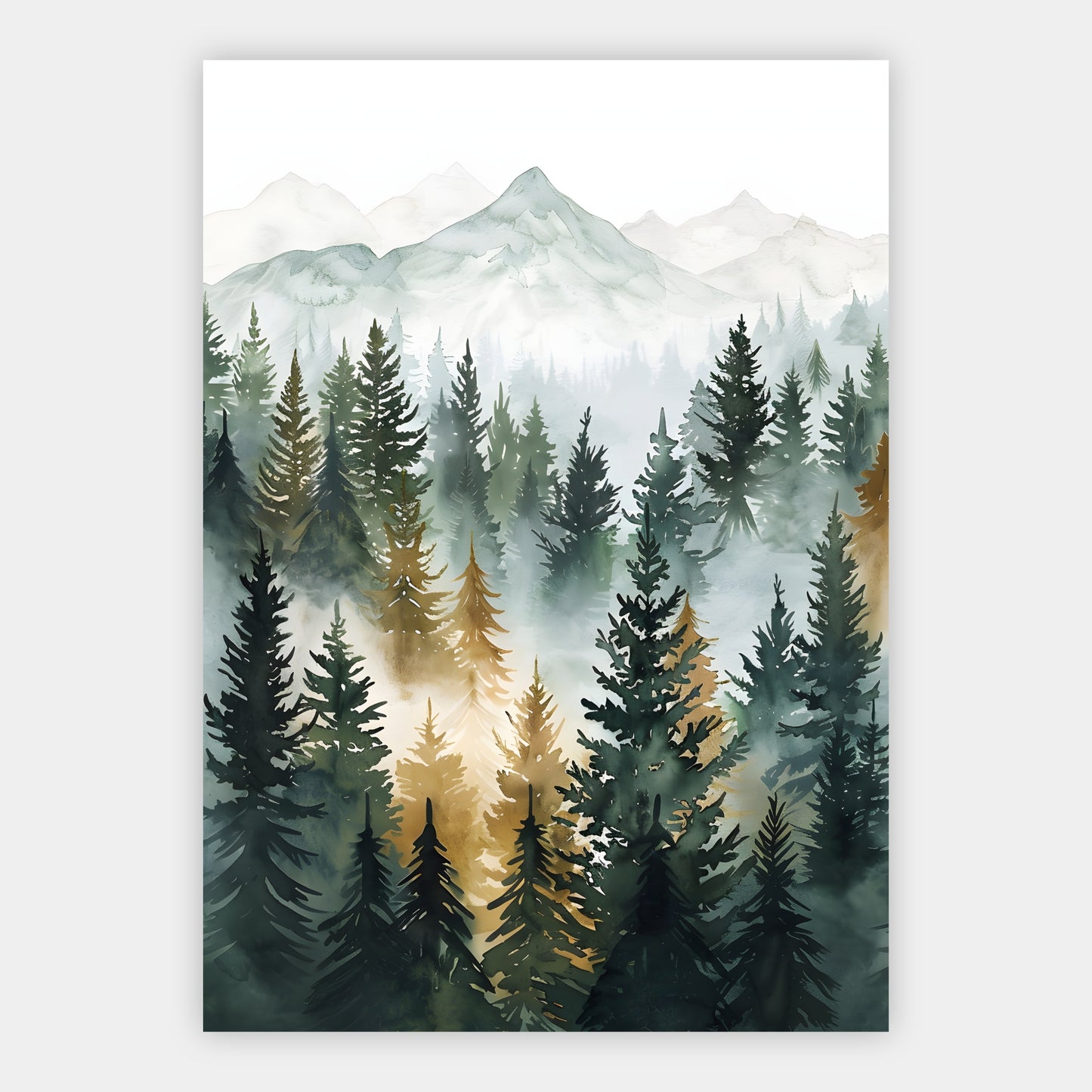 Aquarellartiger Nebelwald mit Tannen vor sanften Berggipfeln