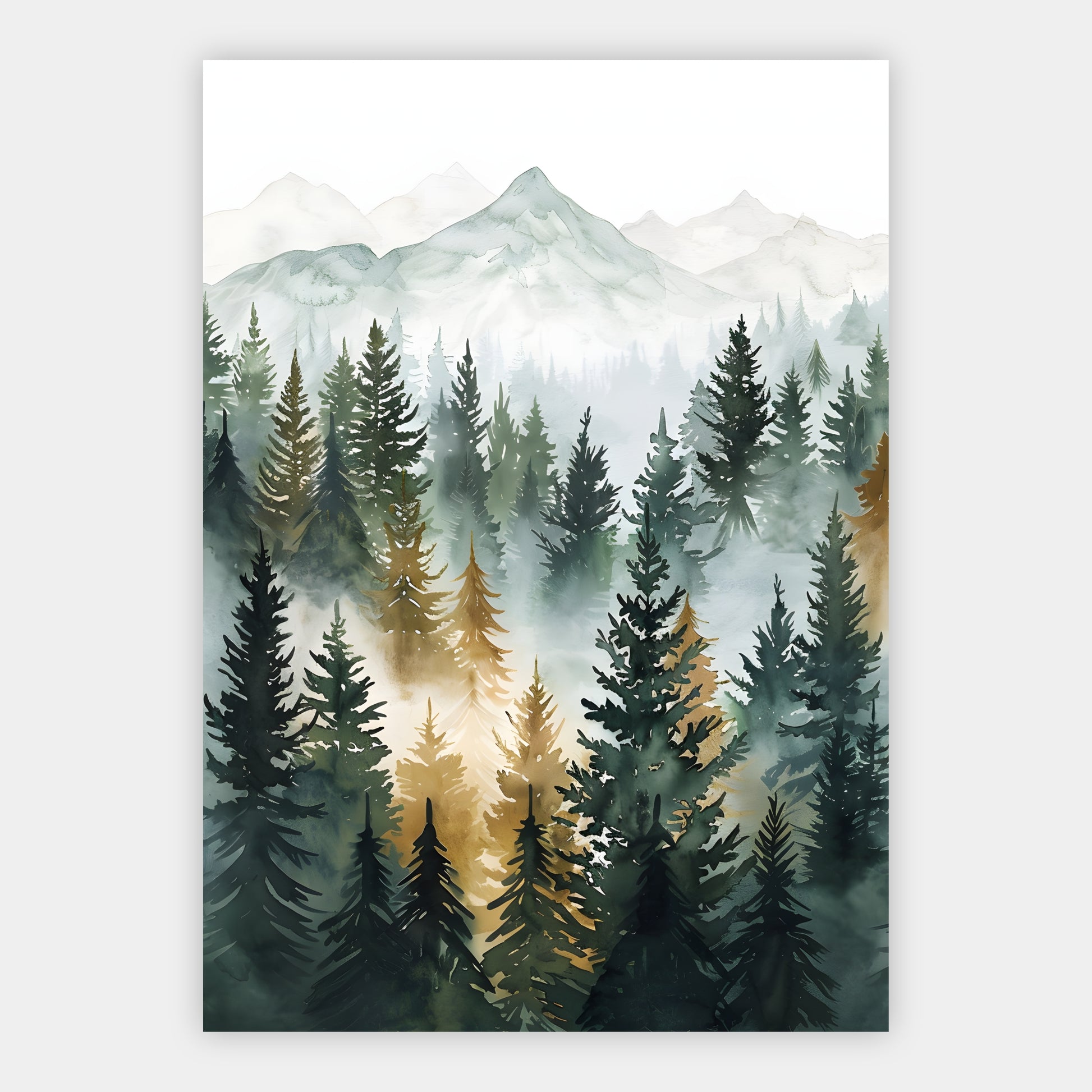 Aquarellartiger Nebelwald mit Tannen vor sanften Berggipfeln
