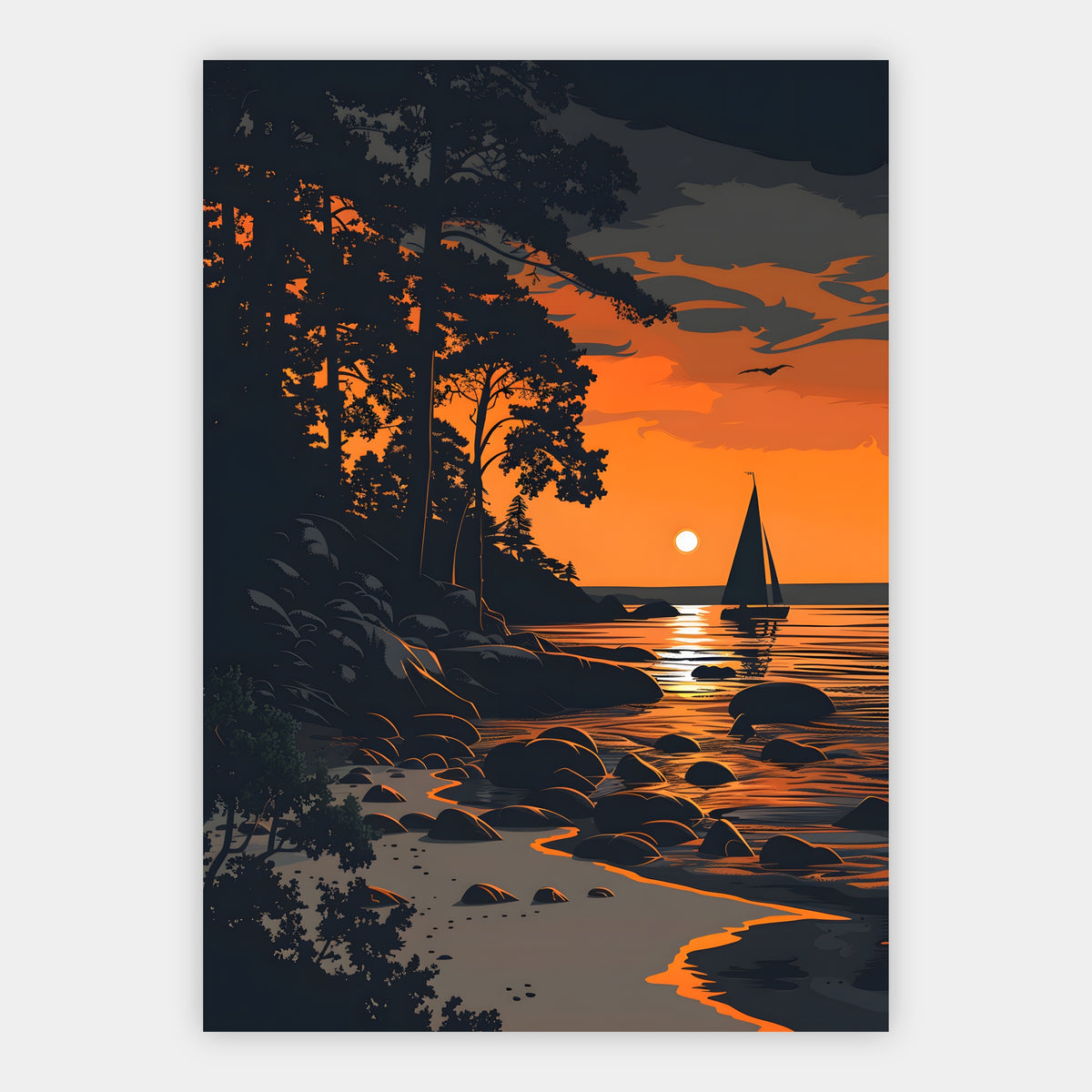 Silhouette eines Segelboots bei Sonnenuntergang an einer felsigen Küste