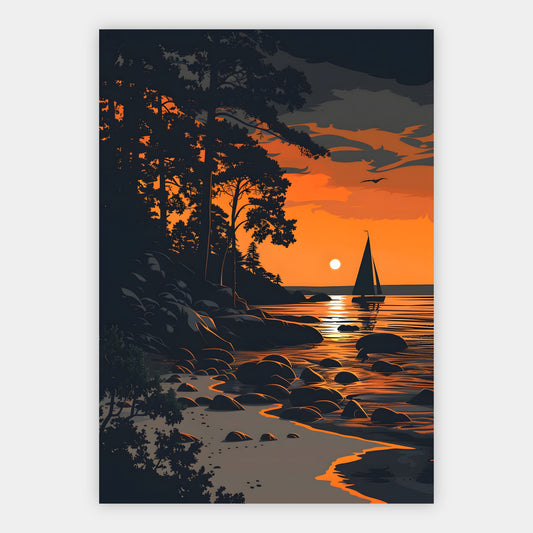 Silhouette eines Segelboots bei Sonnenuntergang an einer felsigen Küste