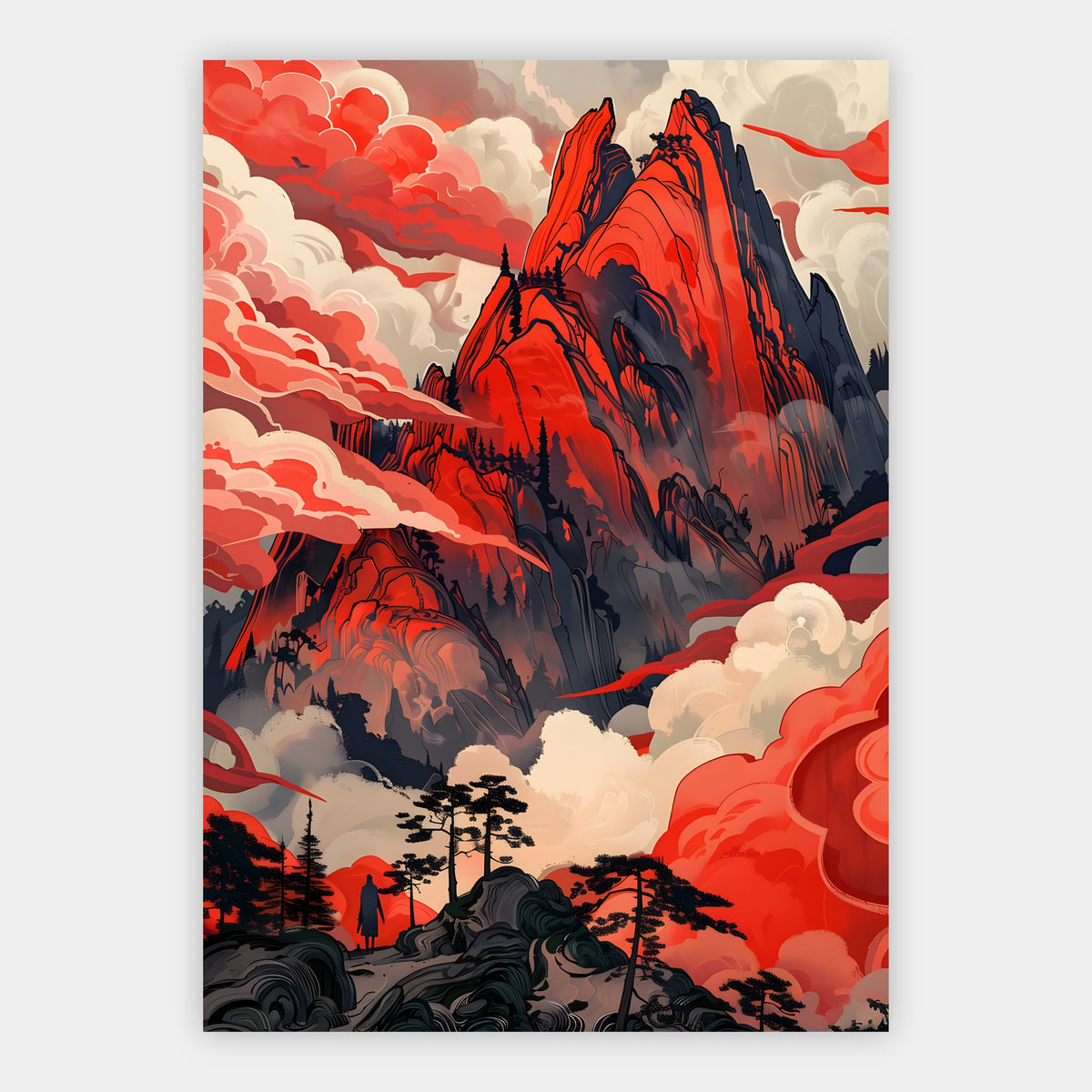Surreale rote Berglandschaft mit Wolkenmeer und einsamer Wandererin