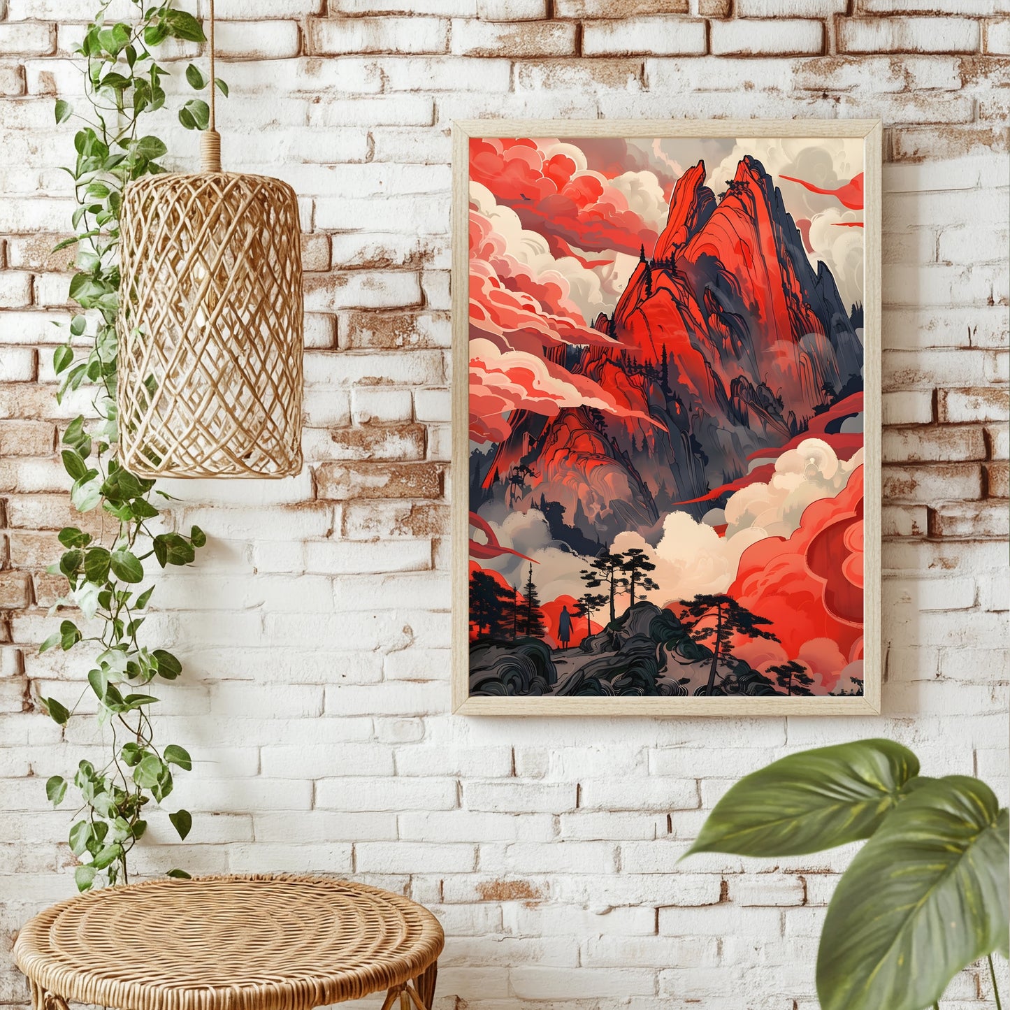 Surreale rote Berglandschaft mit Wolkenmeer und einsamer Wandererin
