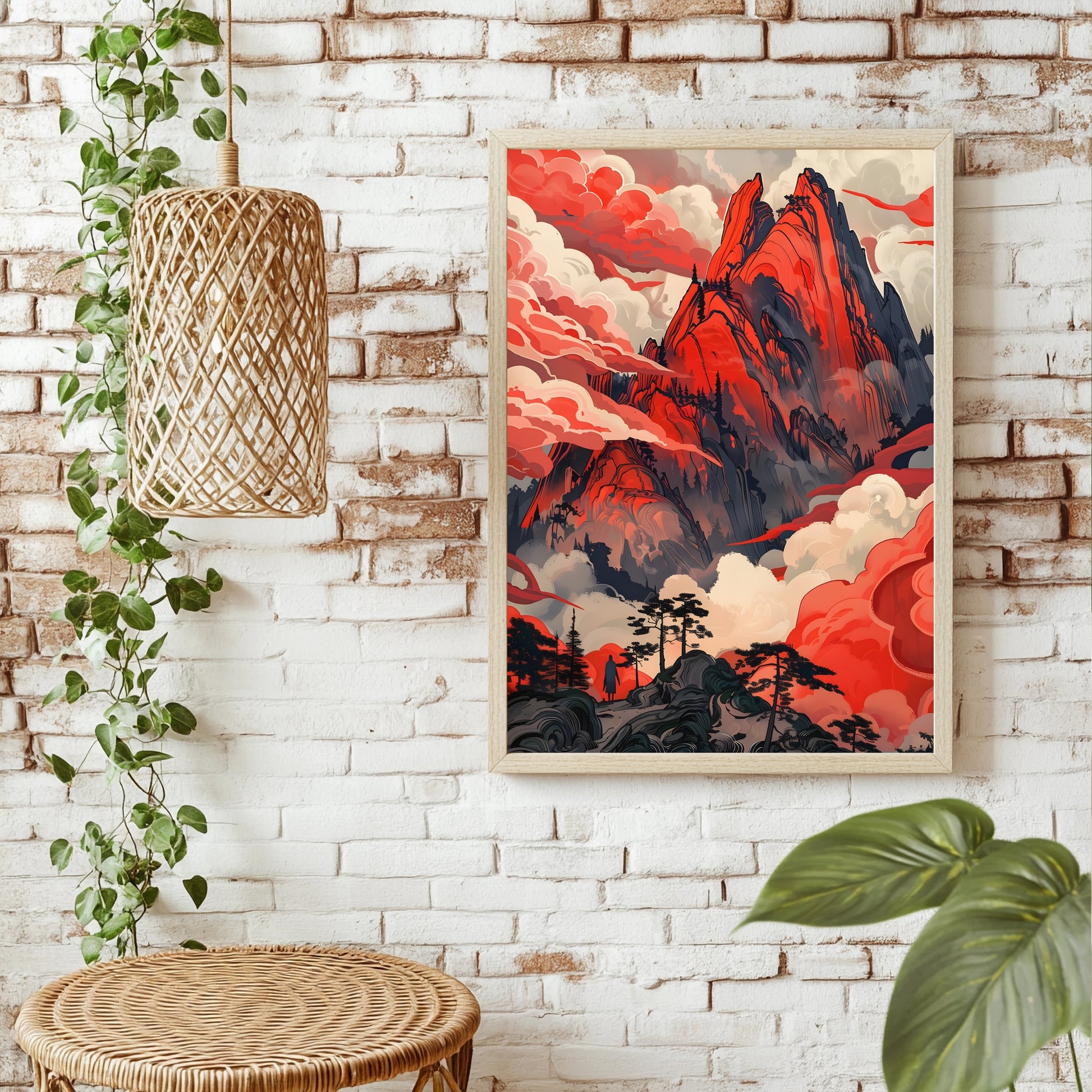 Surreale rote Berglandschaft mit Wolkenmeer und einsamer Wandererin