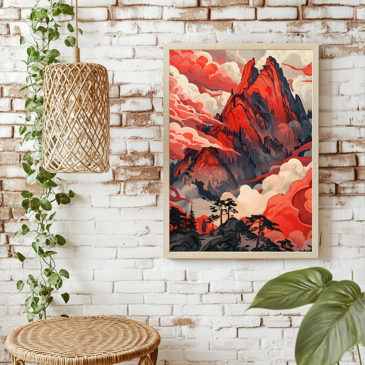 Surreale rote Berglandschaft mit Wolkenmeer und einsamer Wandererin