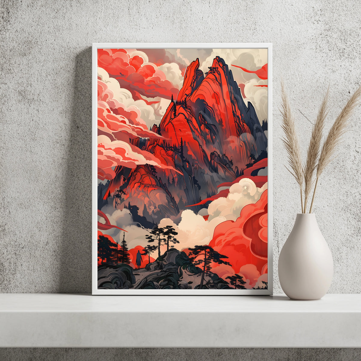 Surreale rote Berglandschaft mit Wolkenmeer und einsamer Wandererin