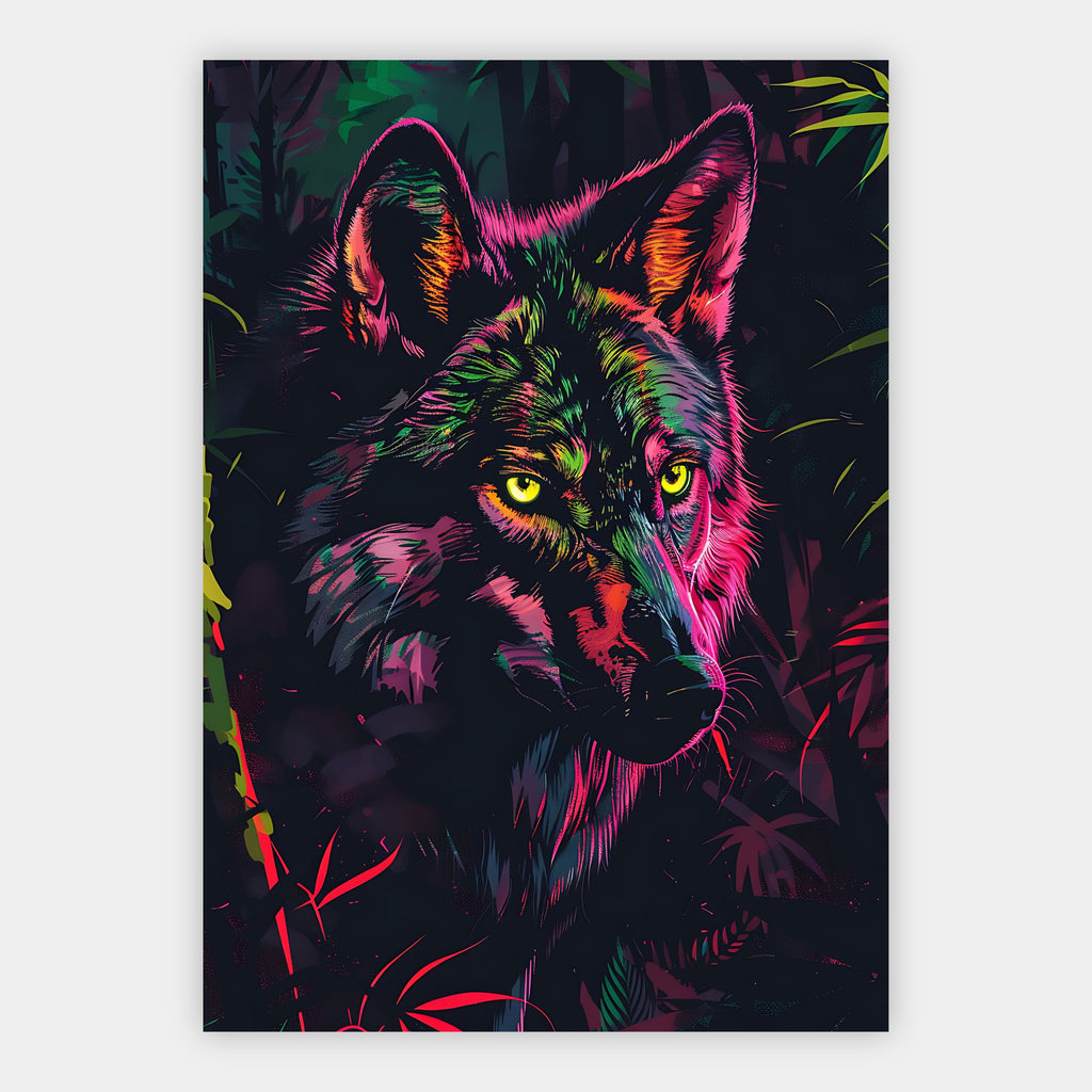 Wolfsporträt in leuchtenden Neonfarben Pink und Grün vor schwarzem Hintergrund