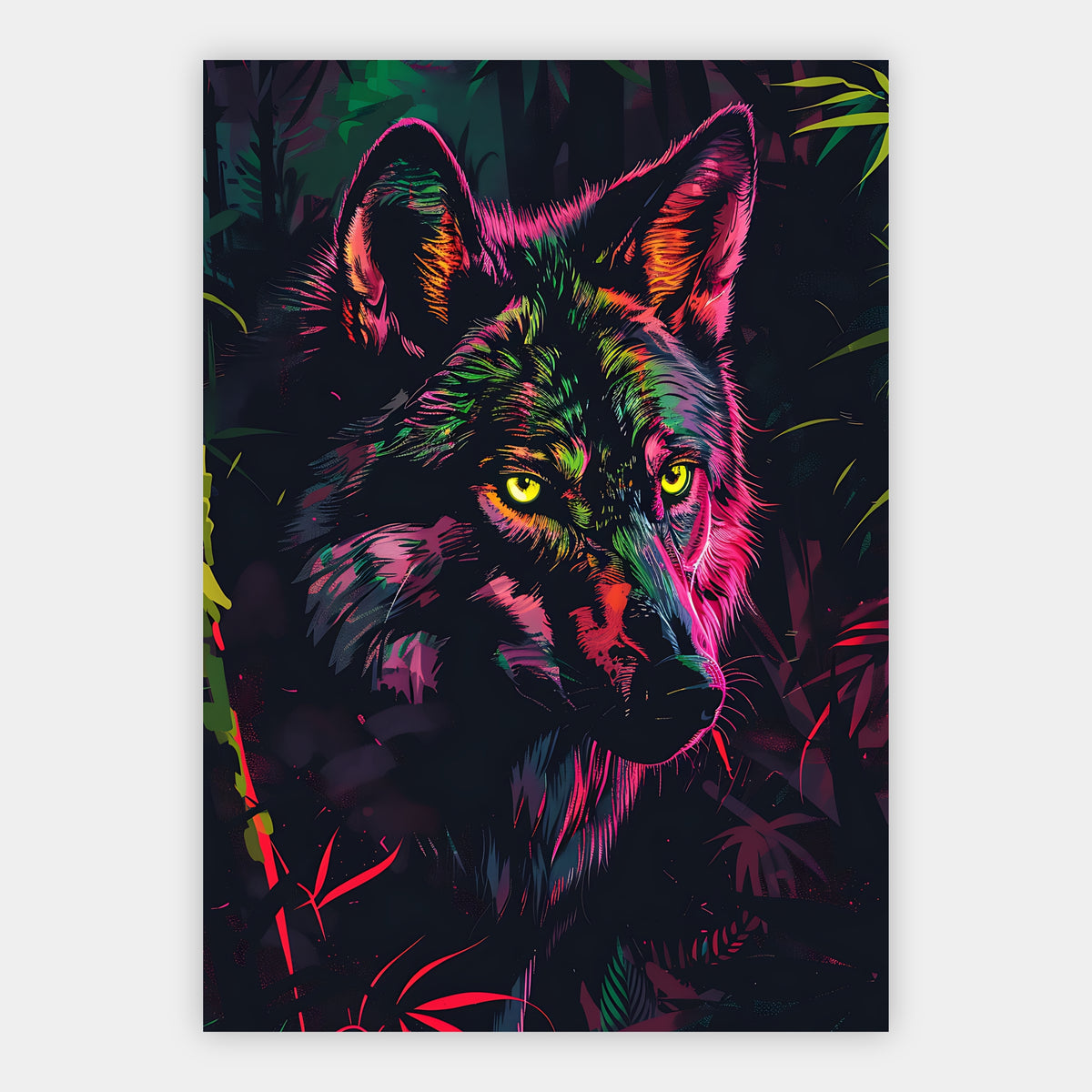 Wolfsporträt in leuchtenden Neonfarben Pink und Grün vor schwarzem Hintergrund