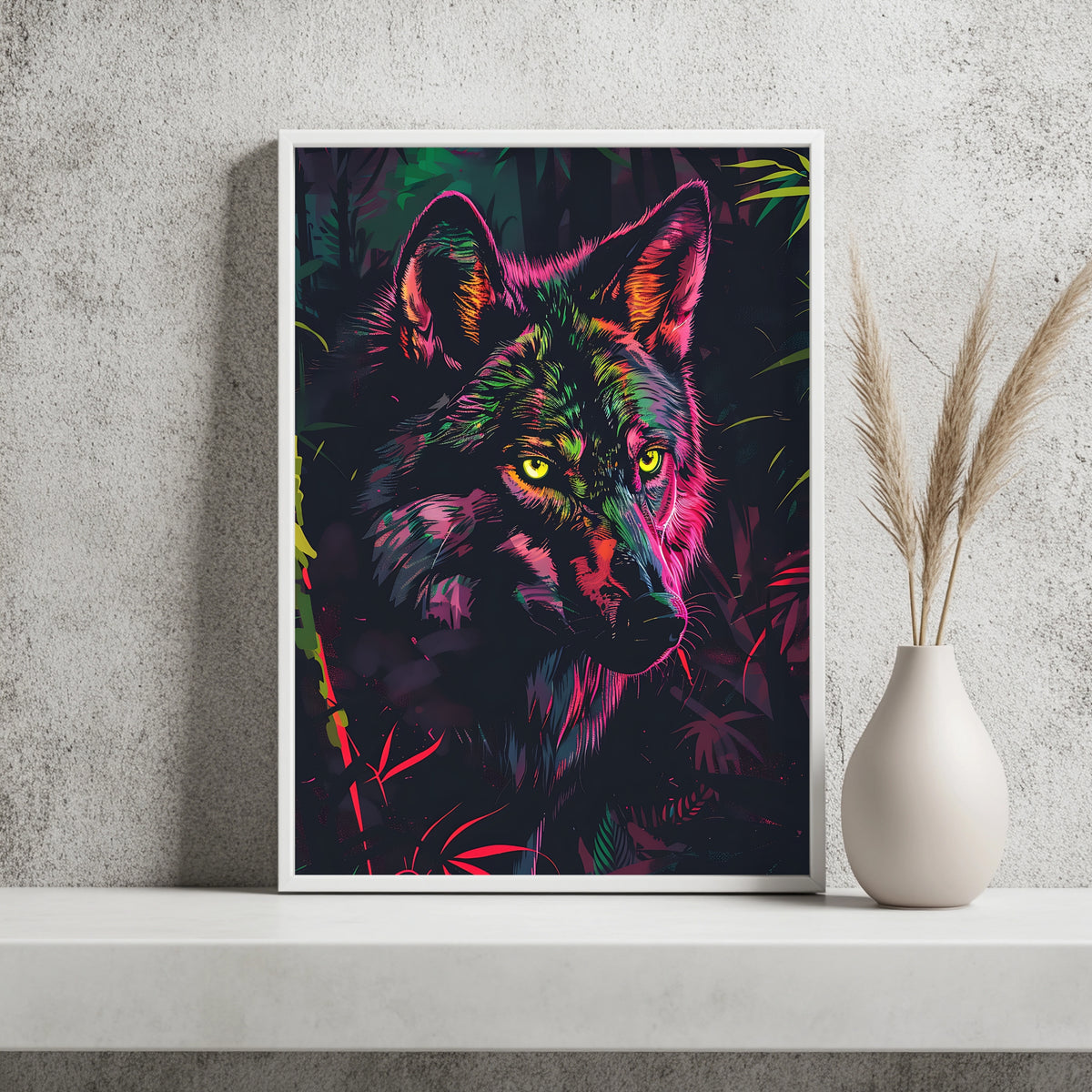 Wolfsporträt in leuchtenden Neonfarben Pink und Grün vor schwarzem Hintergrund