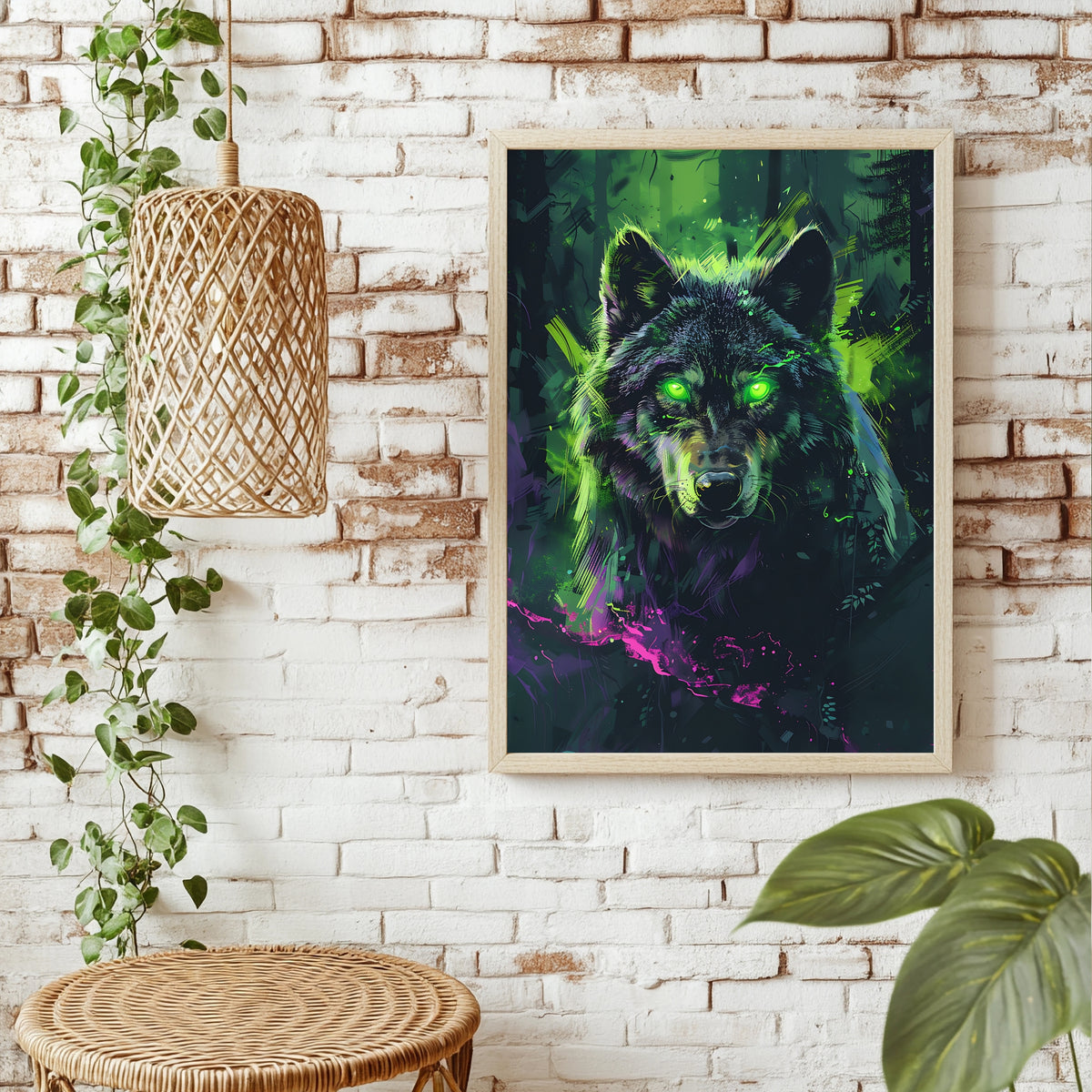 Wolf mit leuchtend grünen Augen in grellen Gelb- und Grüntönen