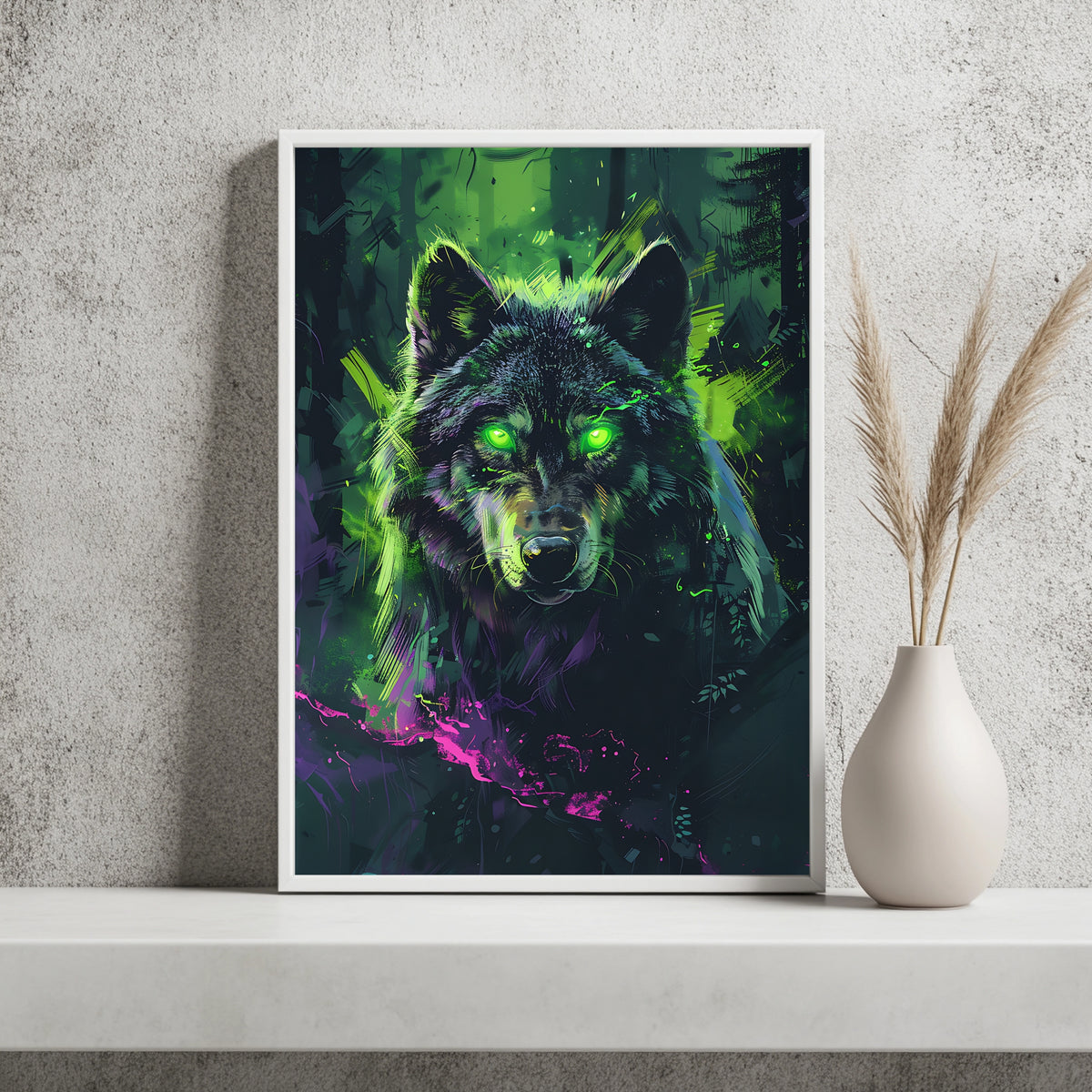 Wolf mit leuchtend grünen Augen in grellen Gelb- und Grüntönen