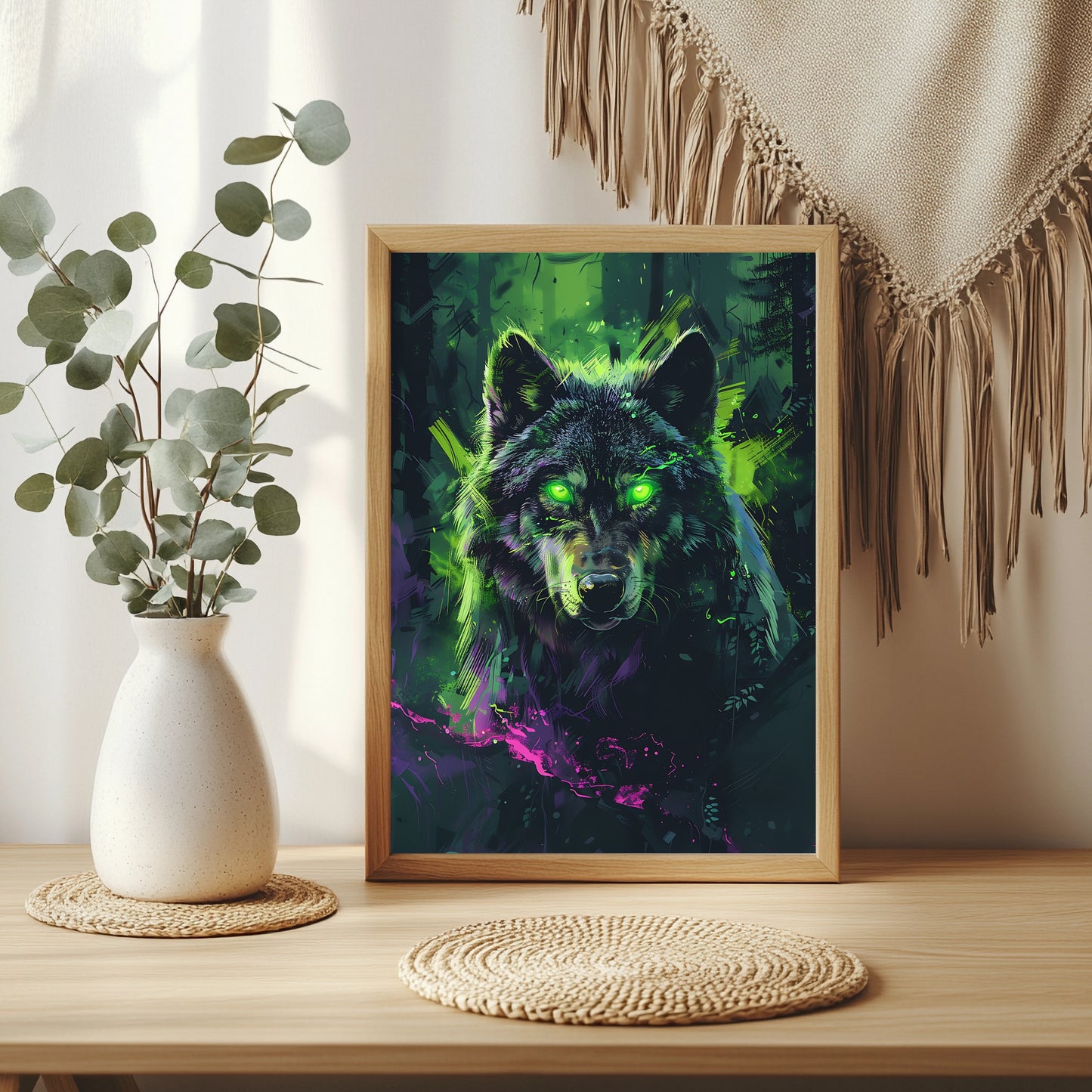 Wolf mit leuchtend grünen Augen in grellen Gelb- und Grüntönen