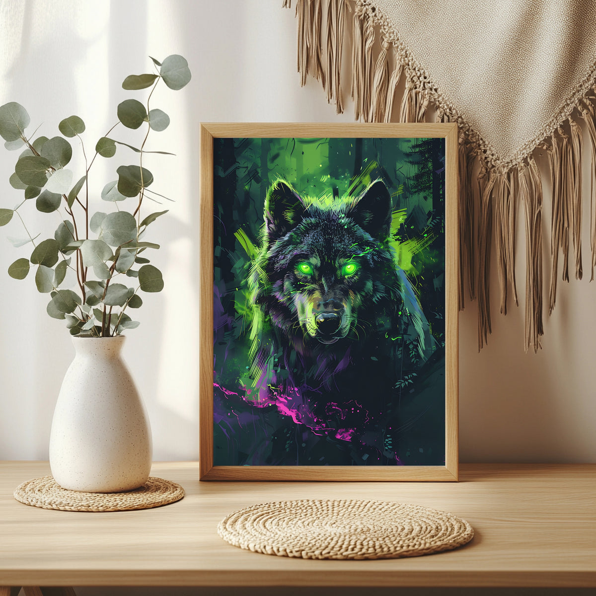 Wolf mit leuchtend grünen Augen in grellen Gelb- und Grüntönen
