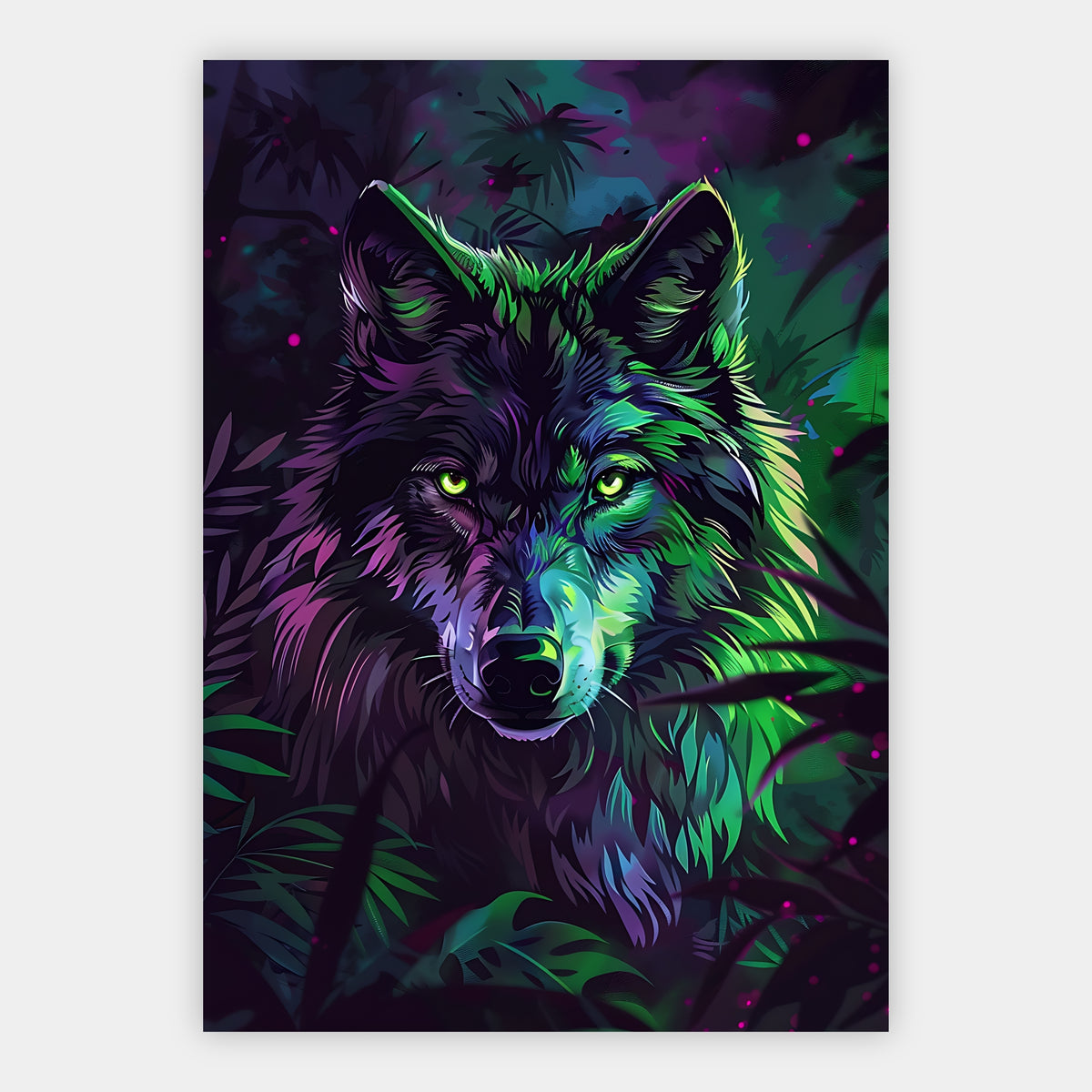 Wolfsporträt in leuchtendem Lila, Pink und Grün zwischen dunklem Blattwerk