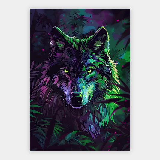 Wolfsporträt in leuchtendem Lila, Pink und Grün zwischen dunklem Blattwerk
