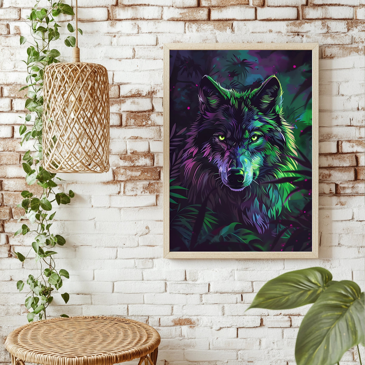 Wolfsporträt in leuchtendem Lila, Pink und Grün zwischen dunklem Blattwerk