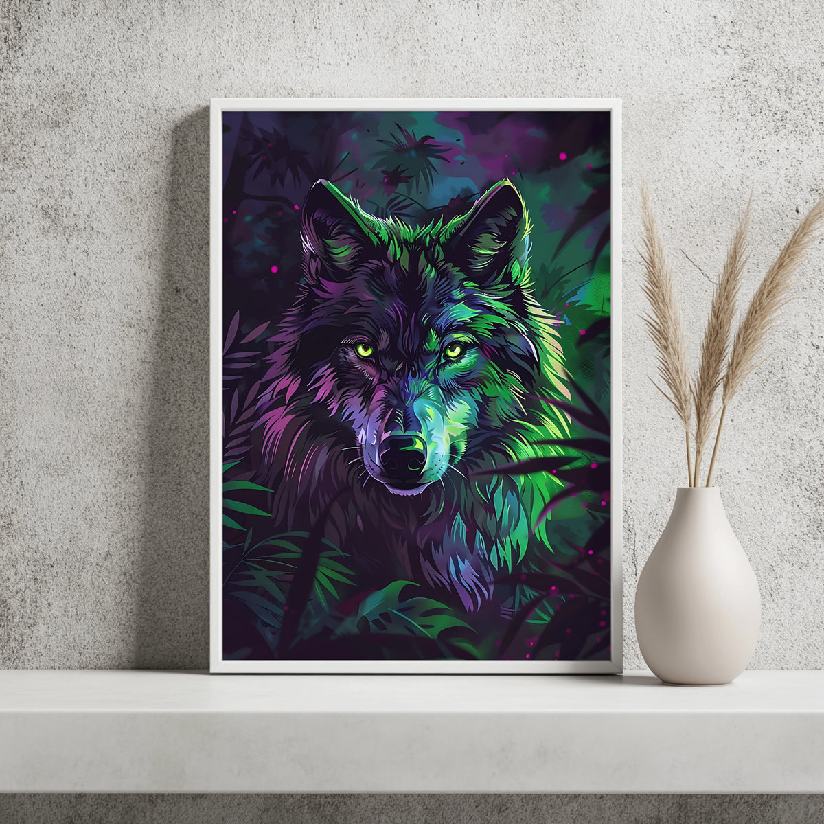 Wolfsporträt in leuchtendem Lila, Pink und Grün zwischen dunklem Blattwerk