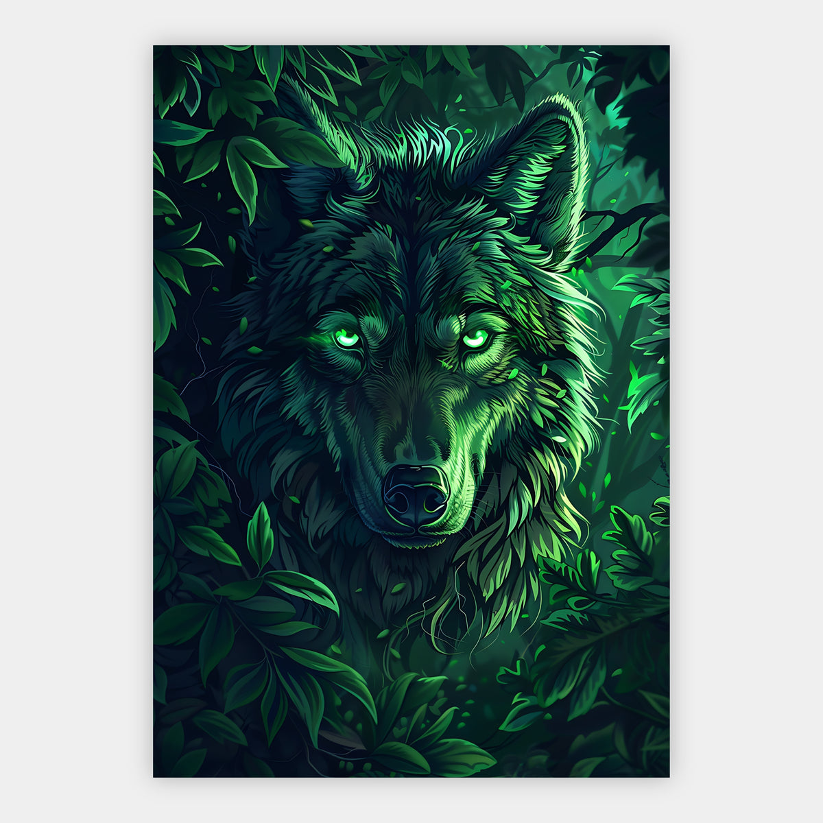 Wolf mit sanft leuchtend grünen Augen im nächtlichen Wald