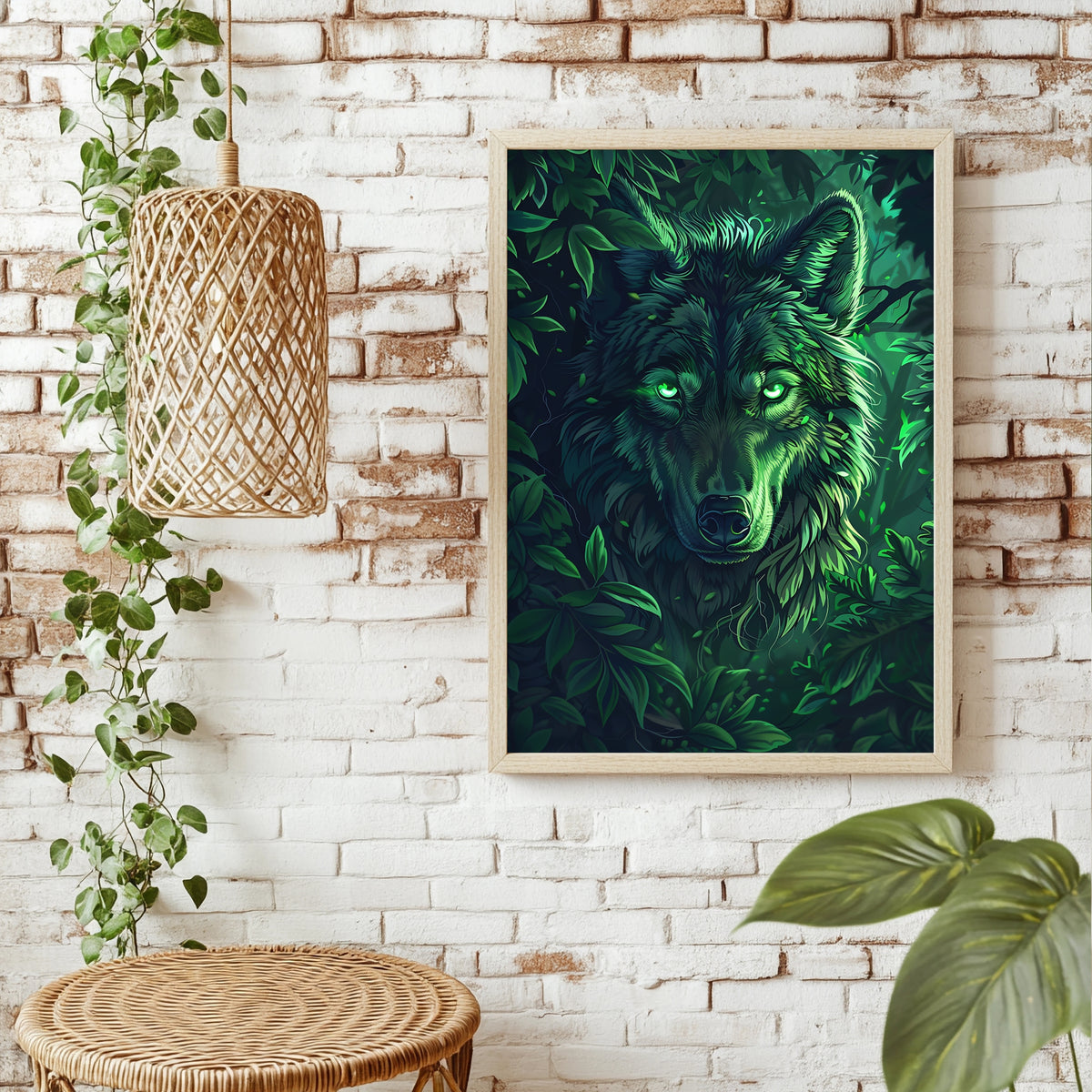 Wolf mit sanft leuchtend grünen Augen im nächtlichen Wald