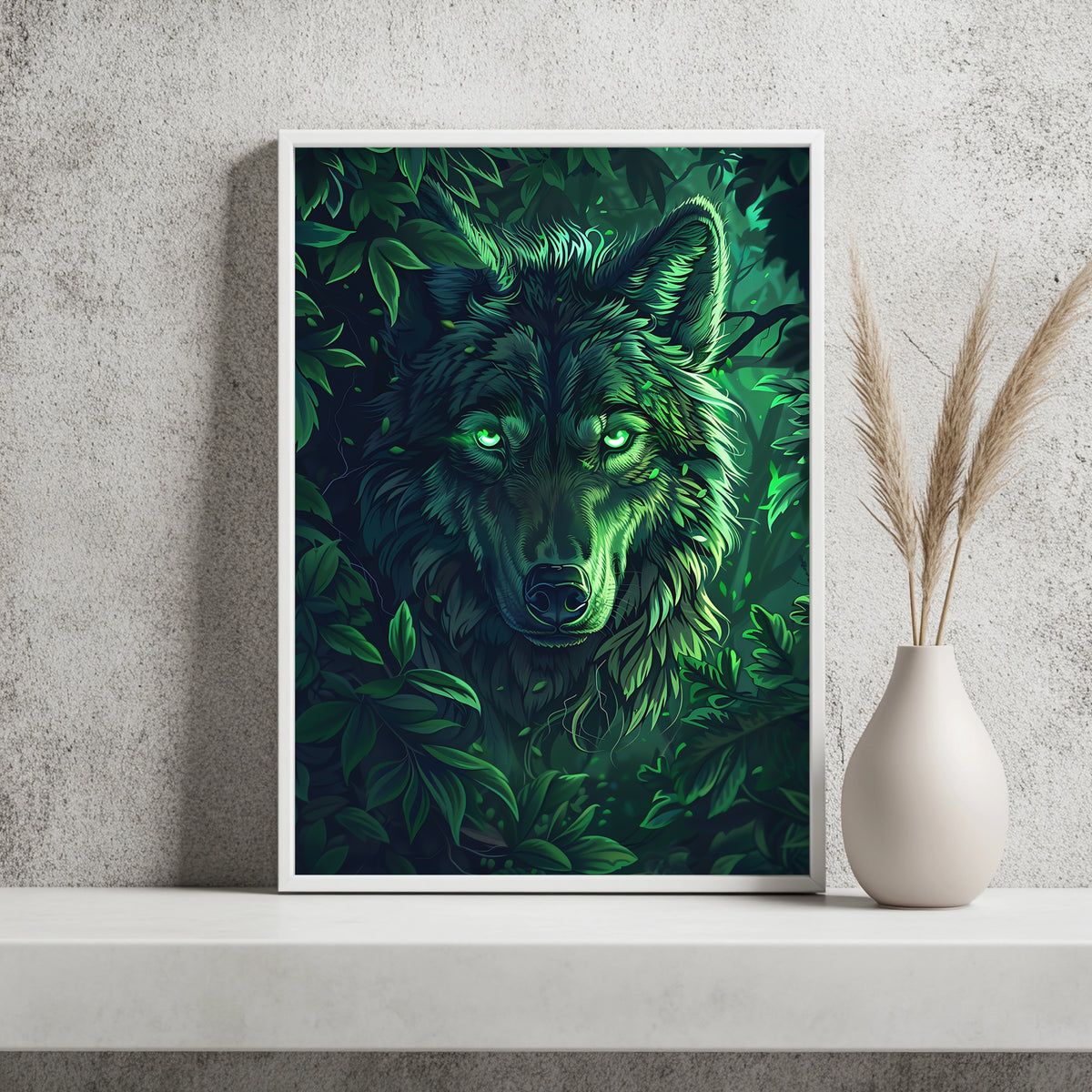 Wolf mit sanft leuchtend grünen Augen im nächtlichen Wald