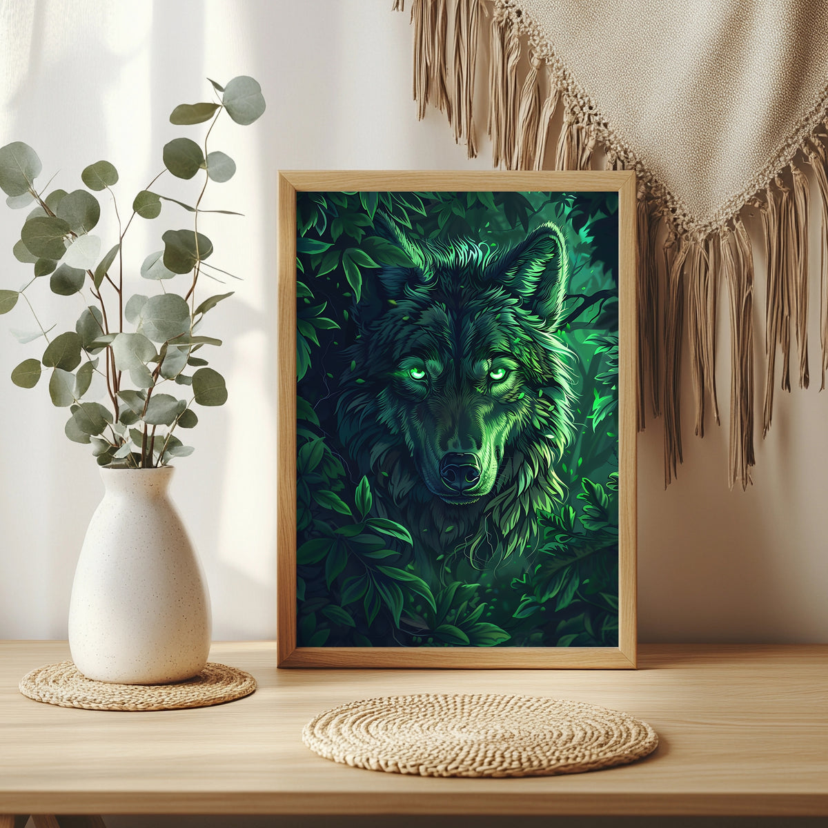 Wolf mit sanft leuchtend grünen Augen im nächtlichen Wald