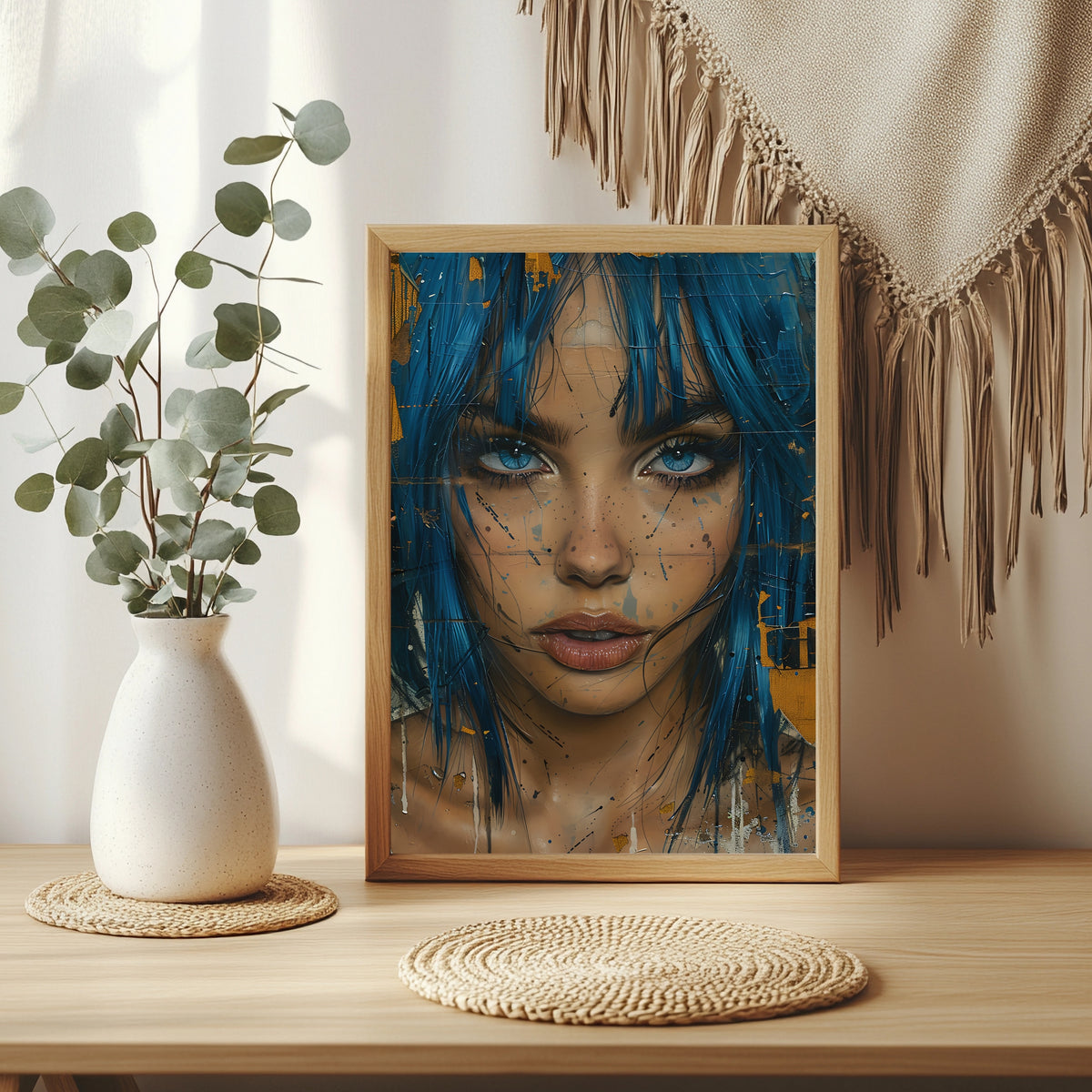 Frauenporträt mit blauem Haar und schwarzen sowie gold-orangefarbenen Akzenten