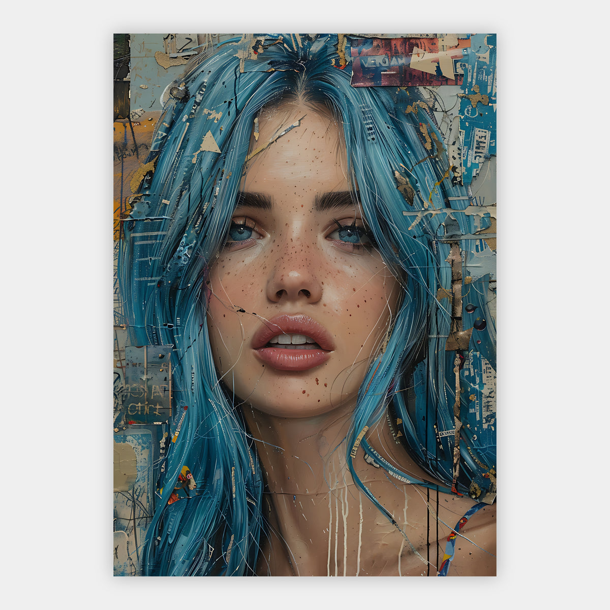 Modernes Collagen-Porträt einer Frau mit blauem Haar und Zeitungsschnipseln