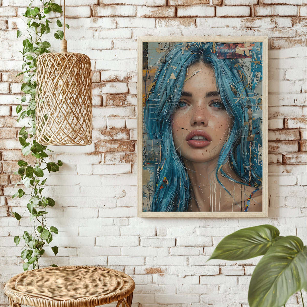 Modernes Collagen-Porträt einer Frau mit blauem Haar und Zeitungsschnipseln