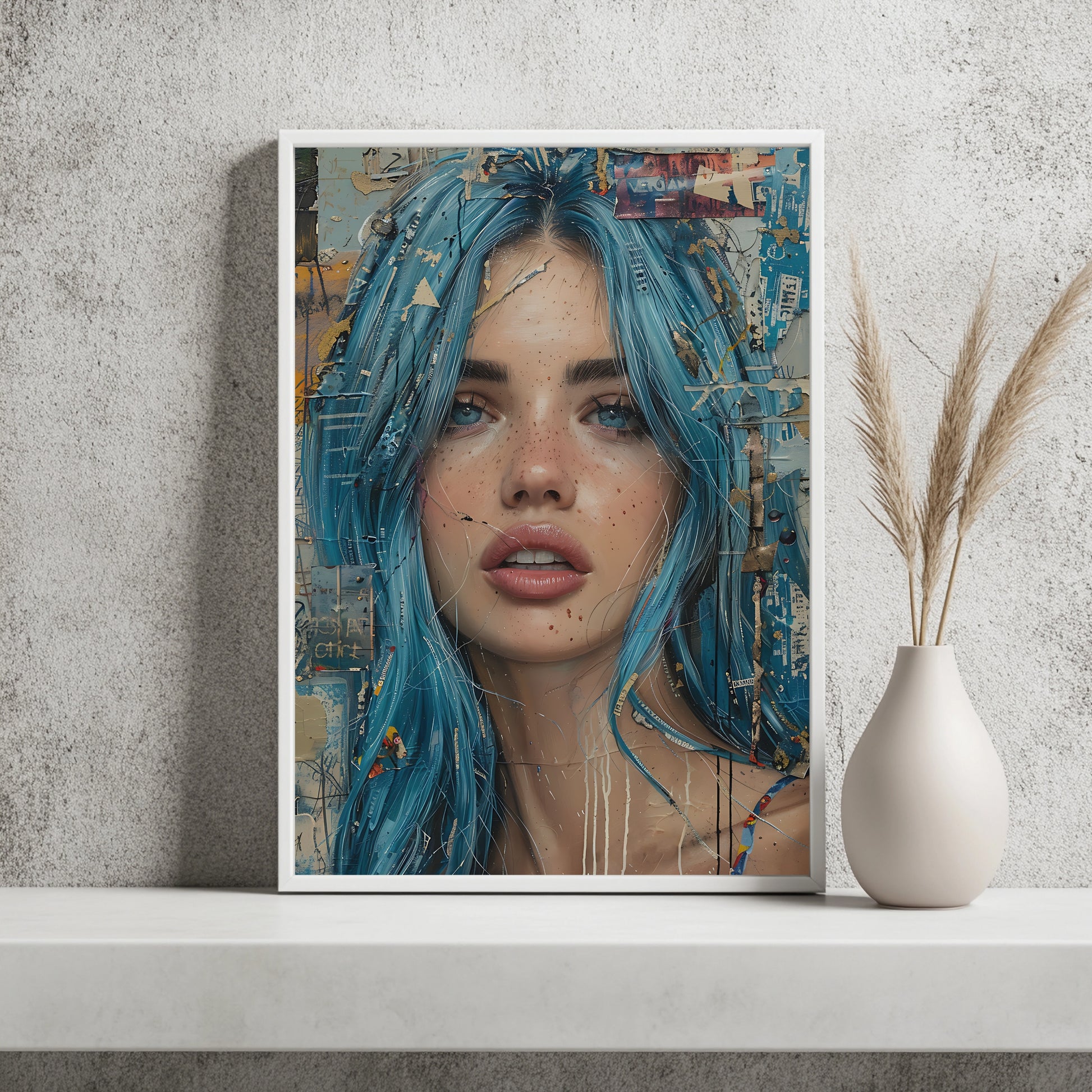 Modernes Collagen-Porträt einer Frau mit blauem Haar und Zeitungsschnipseln