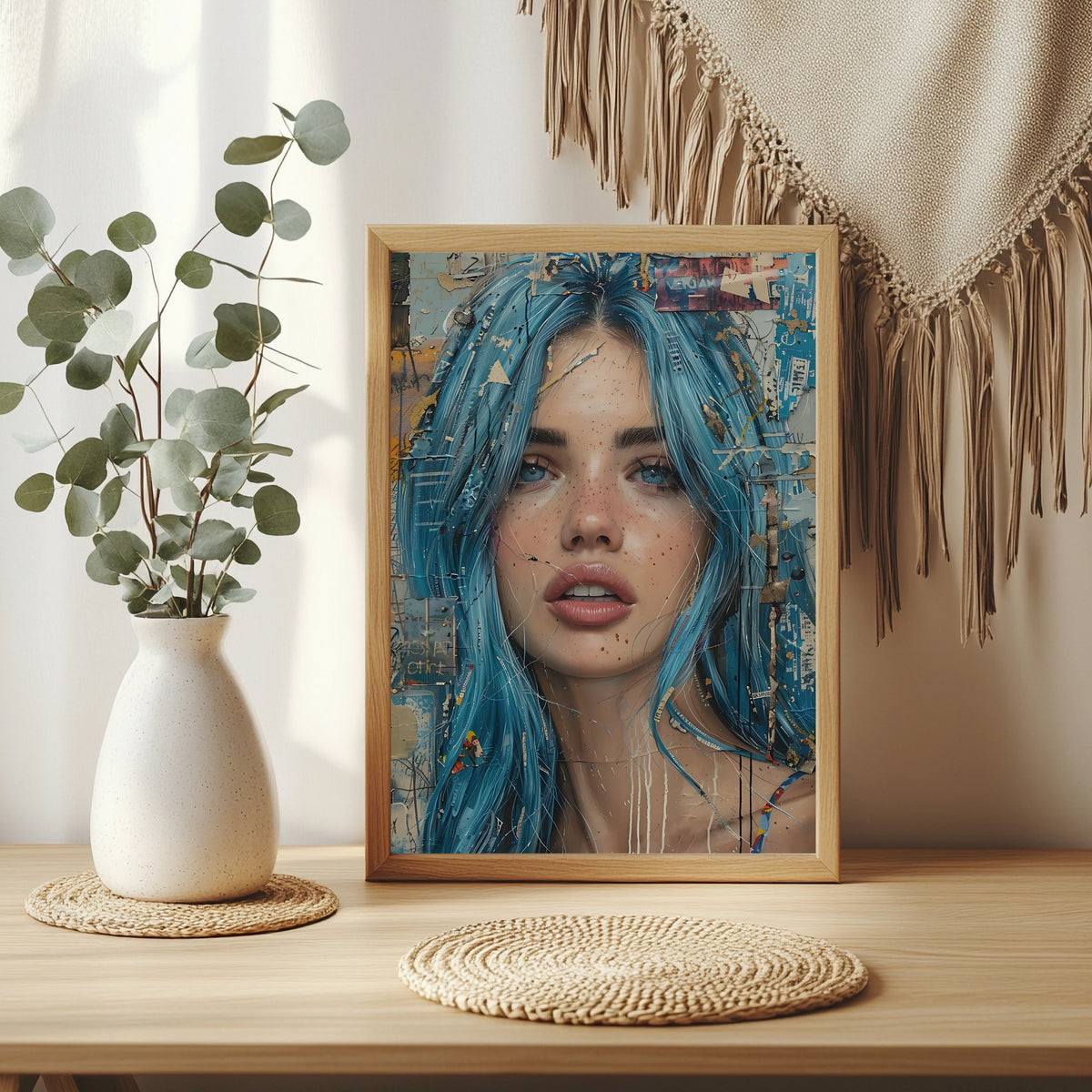 Modernes Collagen-Porträt einer Frau mit blauem Haar und Zeitungsschnipseln