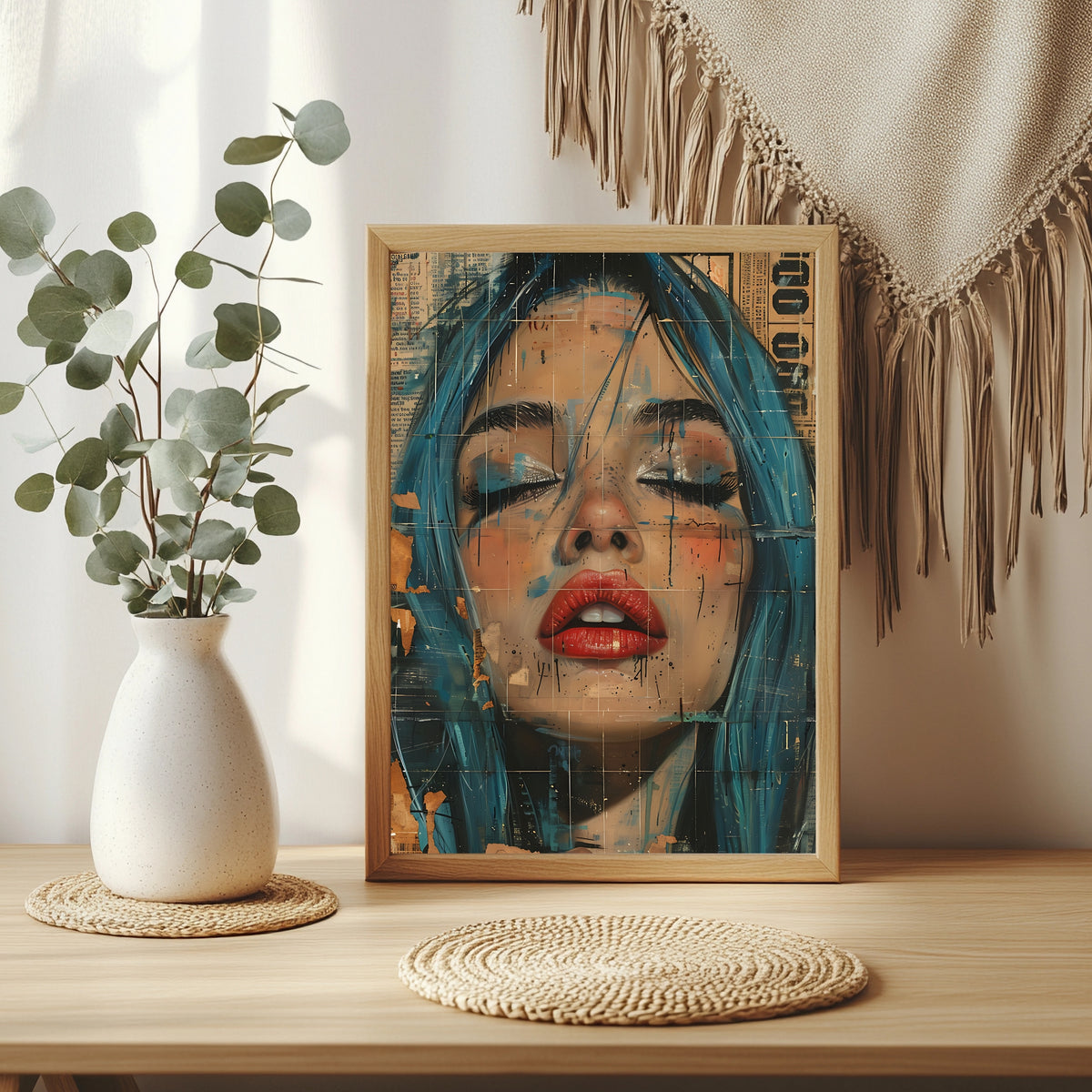 Porträt einer Frau mit geschlossenen Augen, roten Lippen und blauem Haar im Collagenstil