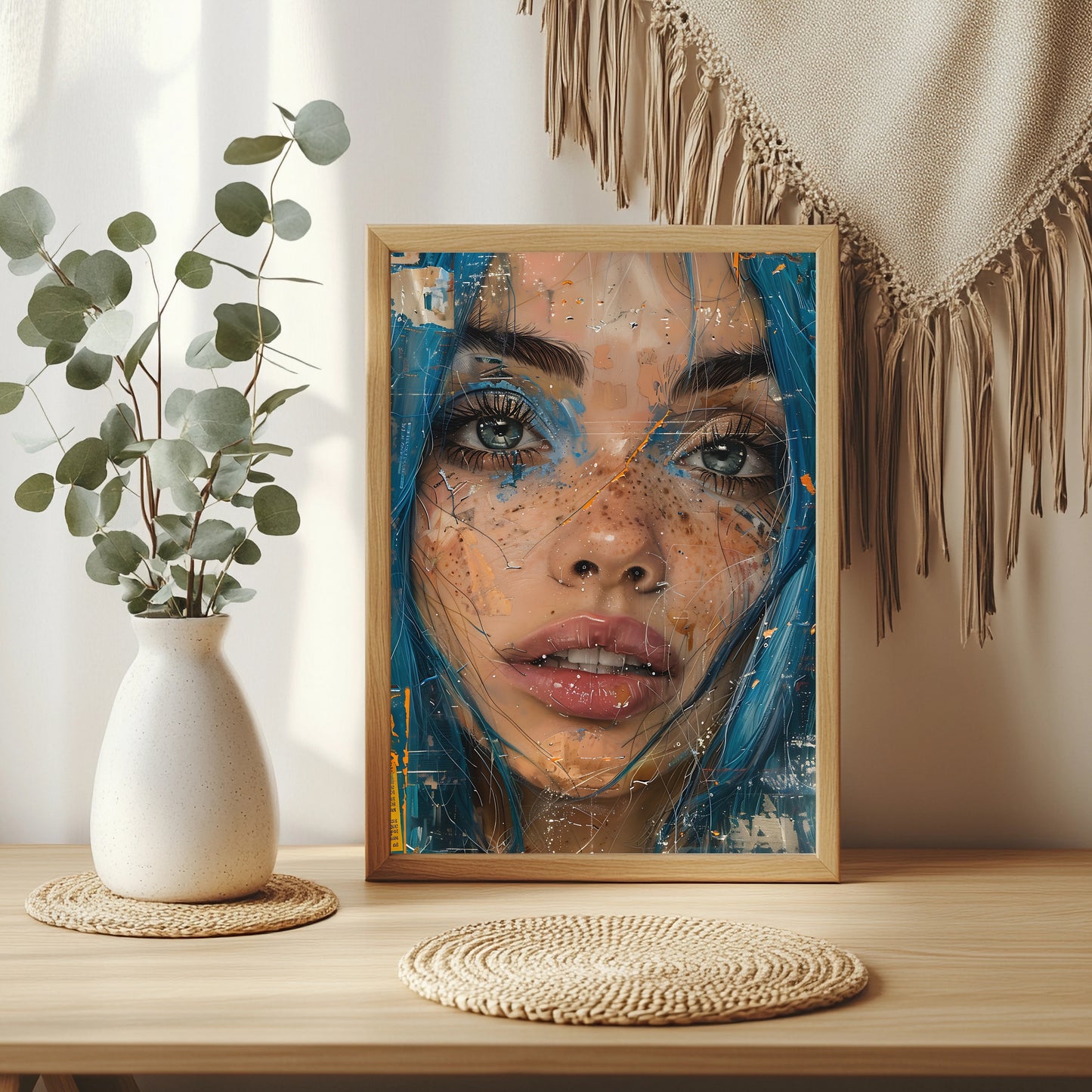 Porträt einer sommersprossigen Frau mit blauem Haar im urbanen Collagenstil
