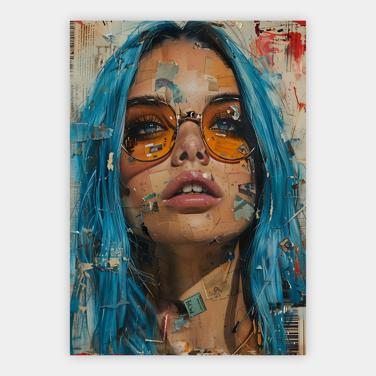 Porträt einer Frau mit runder orangefarbener Sonnenbrille im Retro-Collagenstil