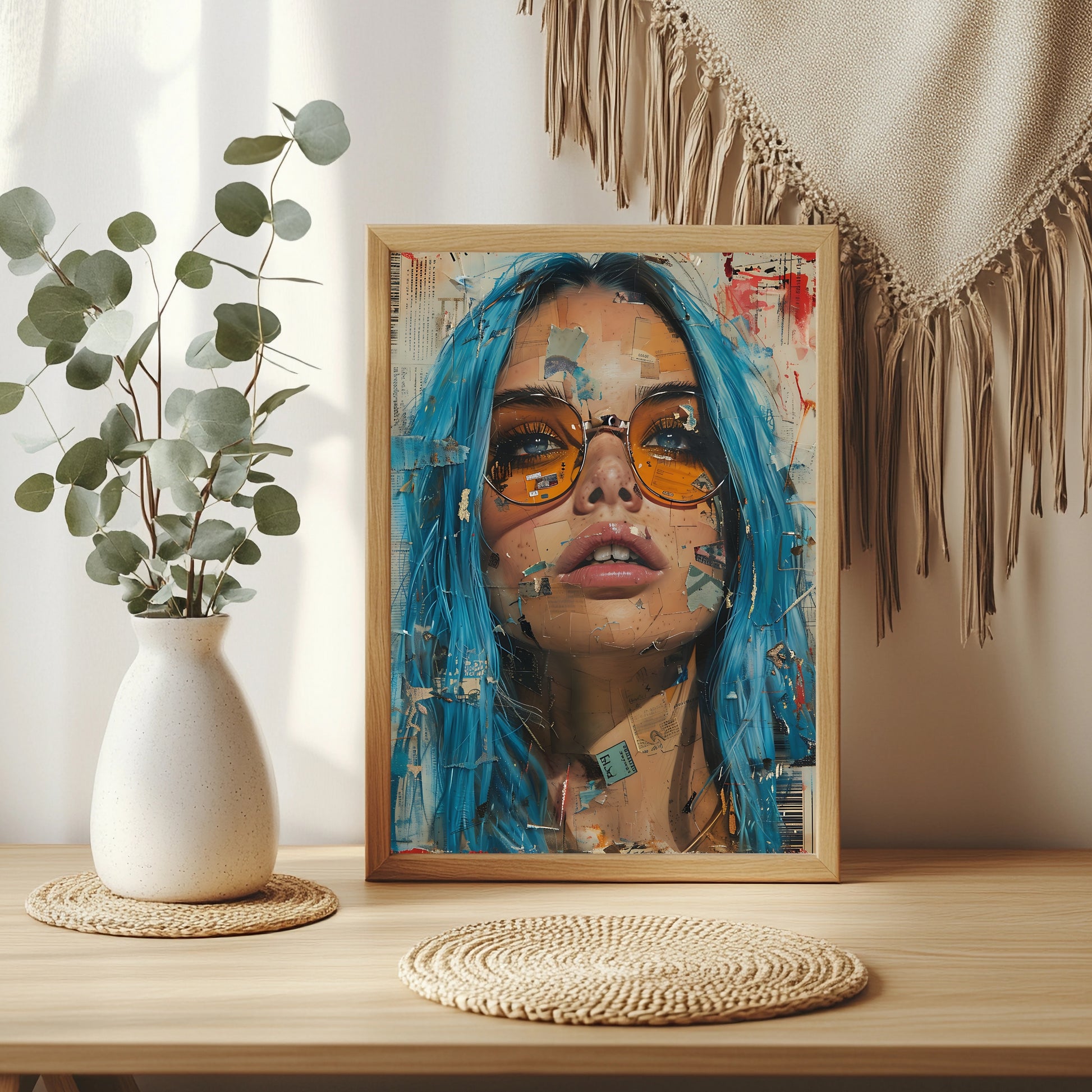 Porträt einer Frau mit runder orangefarbener Sonnenbrille im Retro-Collagenstil