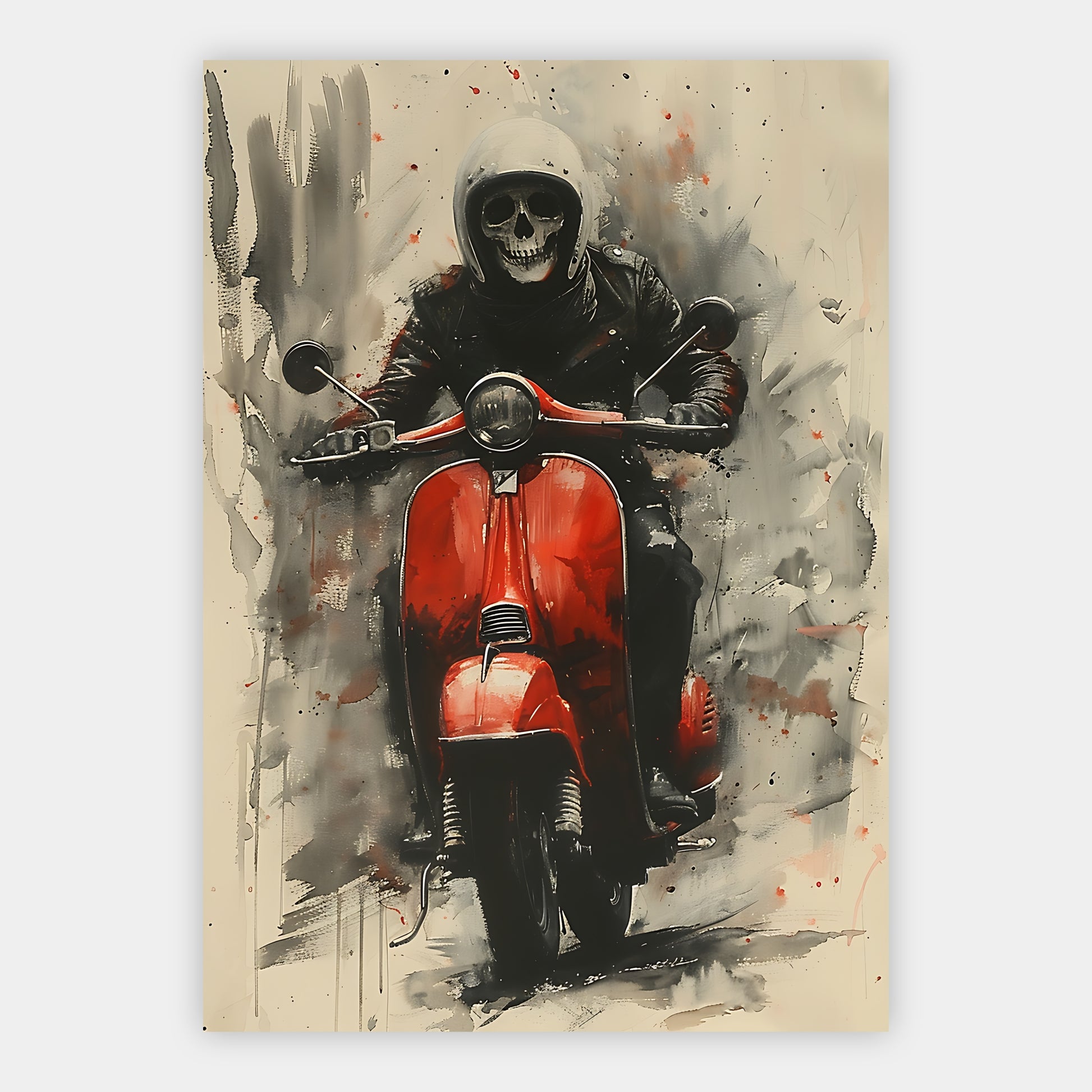 Illustriertes Skelett mit Helm auf einer roten Vespa