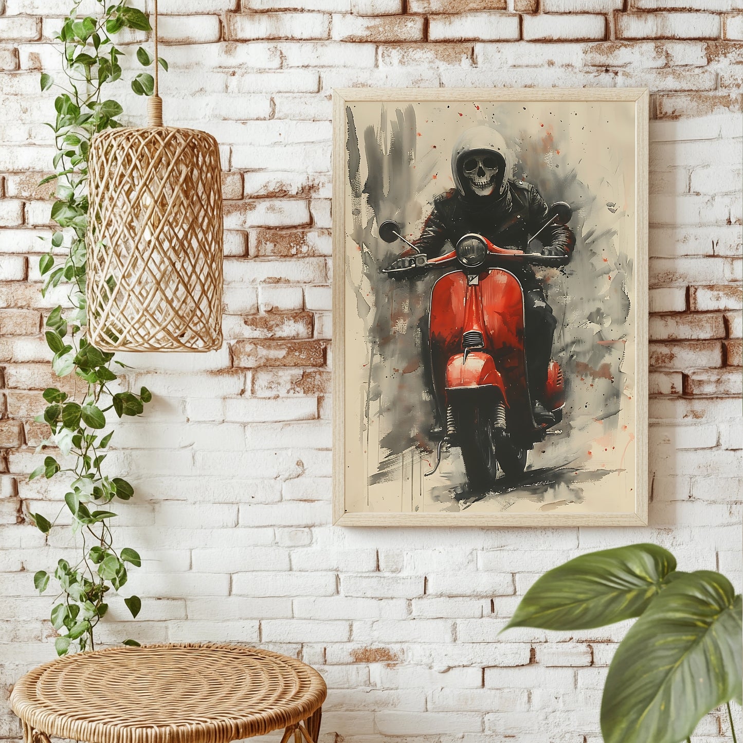 Illustriertes Skelett mit Helm auf einer roten Vespa
